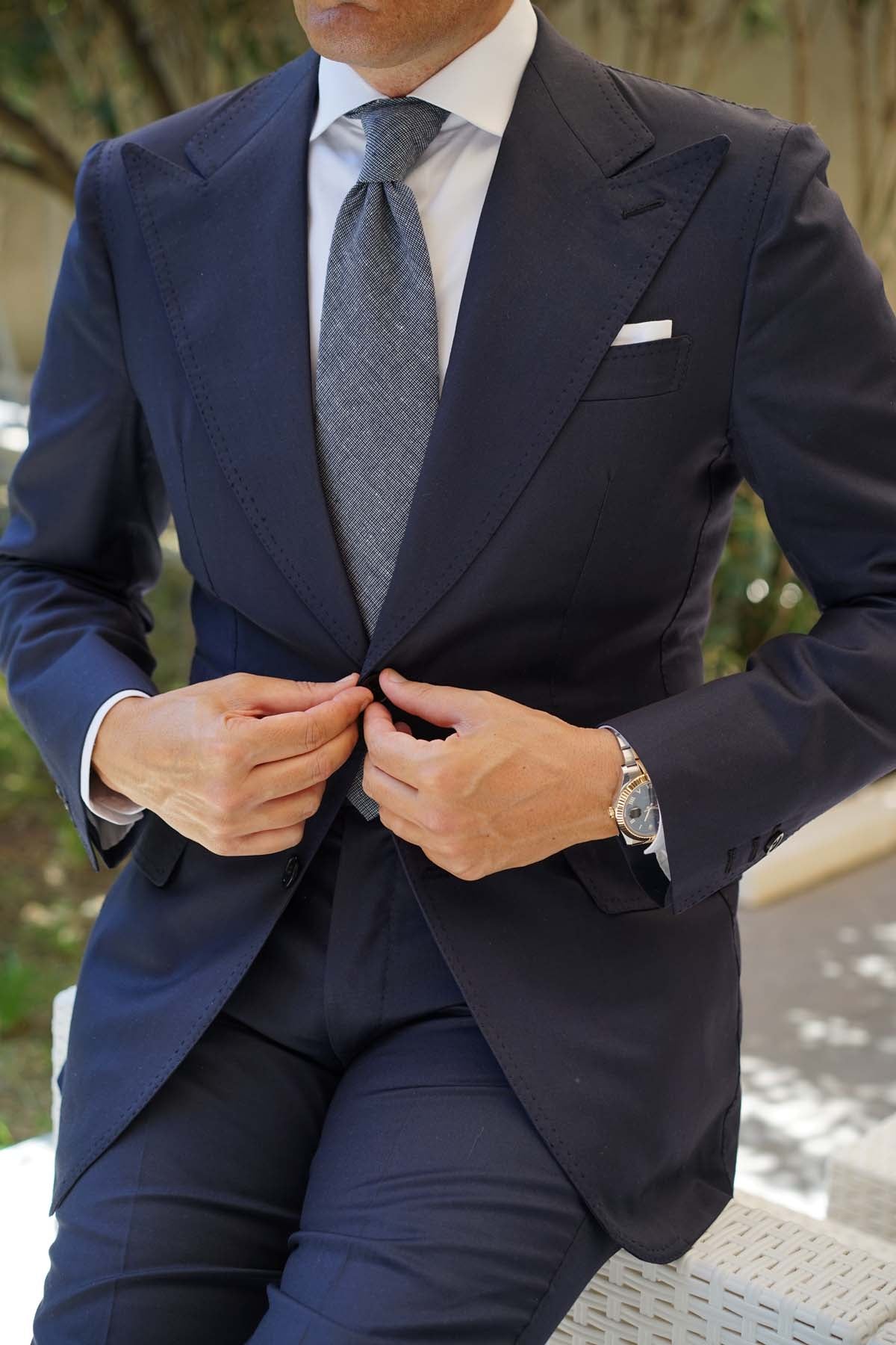Navy Blue Needle Stitch Linen Necktie - Image 7