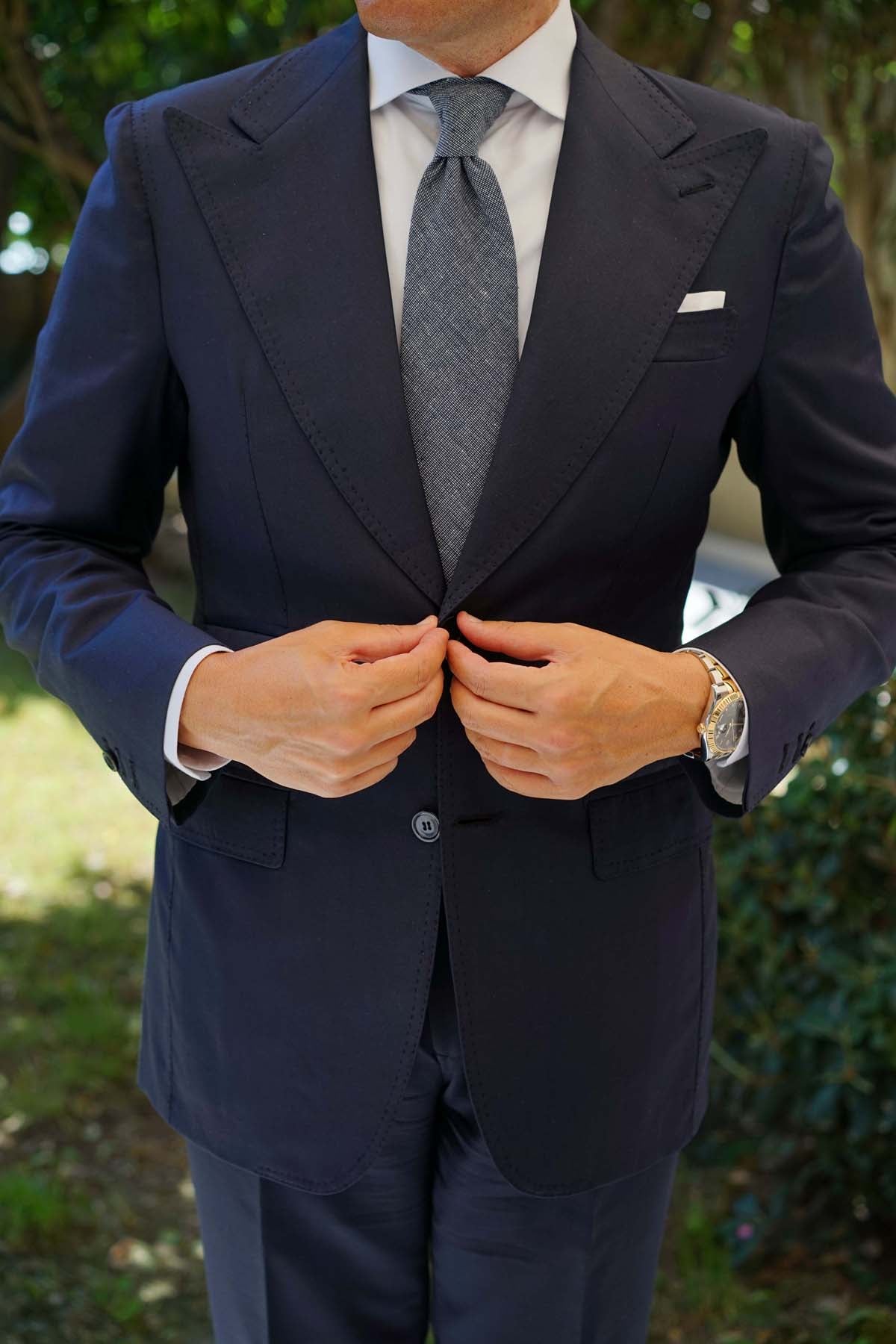 Navy Blue Needle Stitch Linen Necktie - Image 9