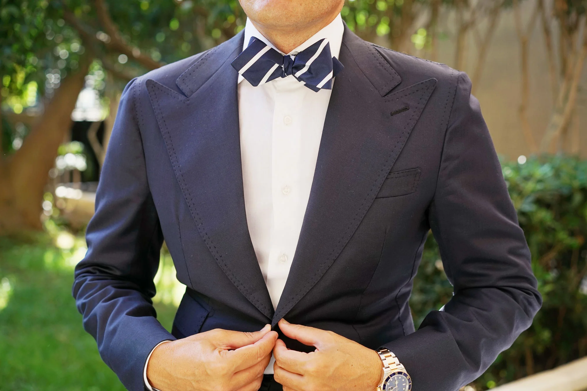 Navy Blue Pencil Stripe Diamond Self Bow Tie - Image 4