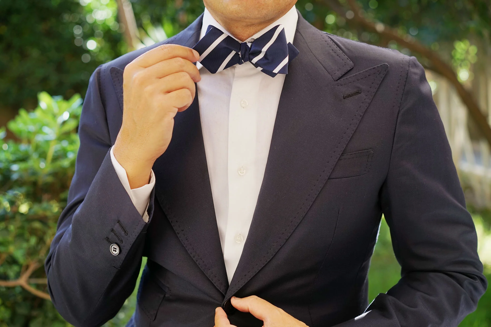 Navy Blue Pencil Stripe Diamond Self Bow Tie - Image 6