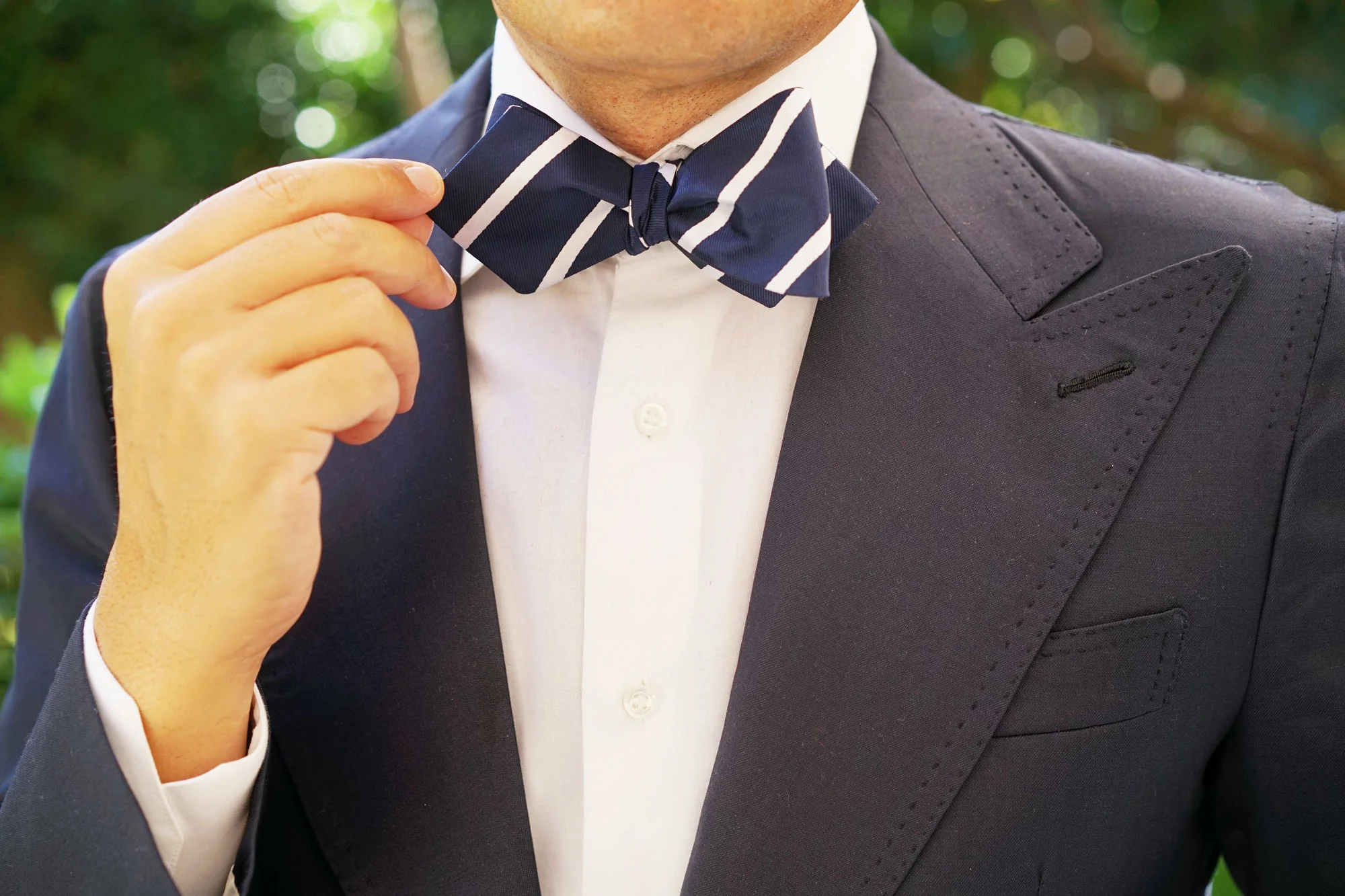 Navy Blue Pencil Stripe Diamond Self Bow Tie - Image 7