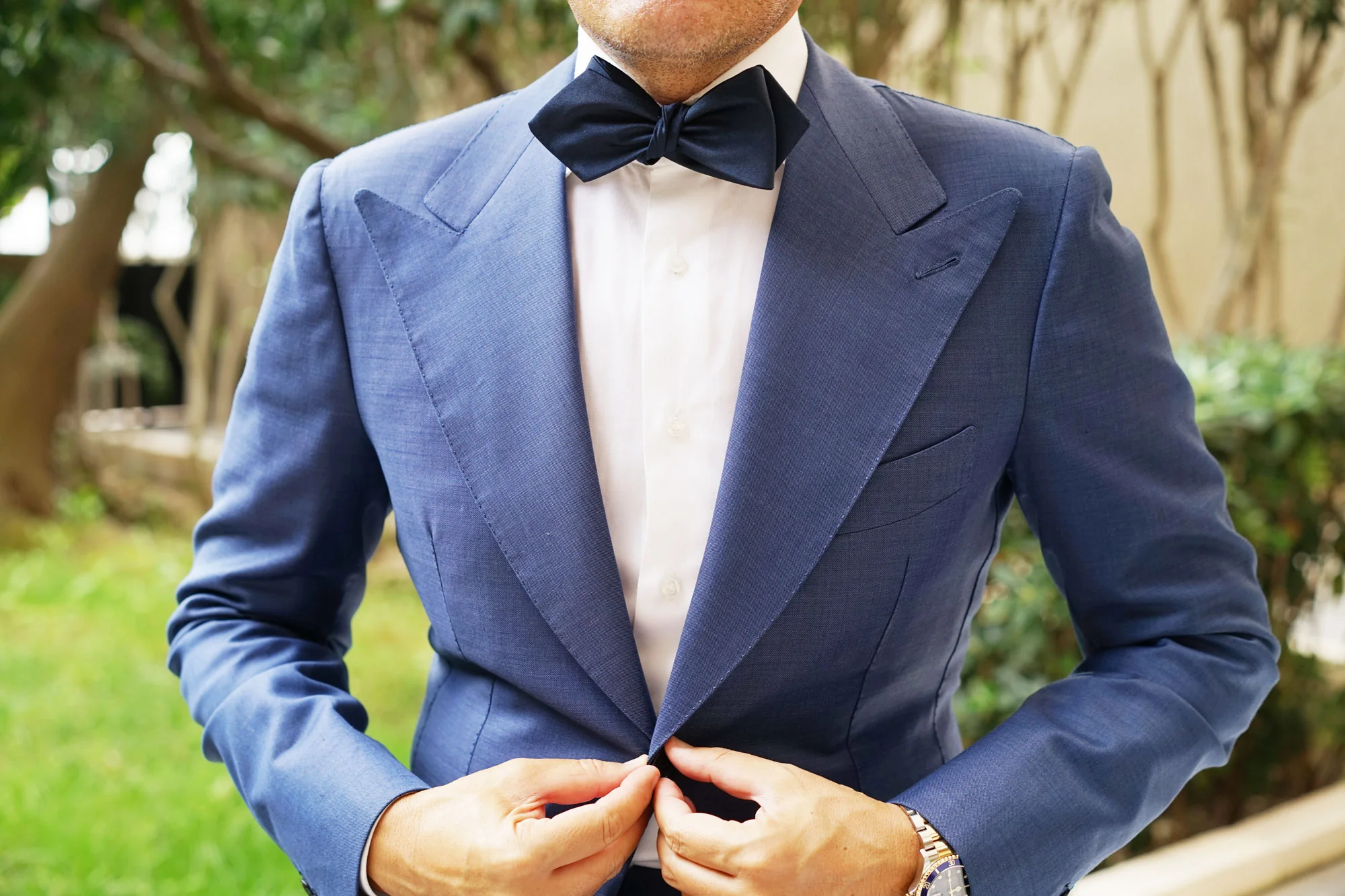 Navy Blue Self Tie Diamond Tip Bow Tie - Image 3