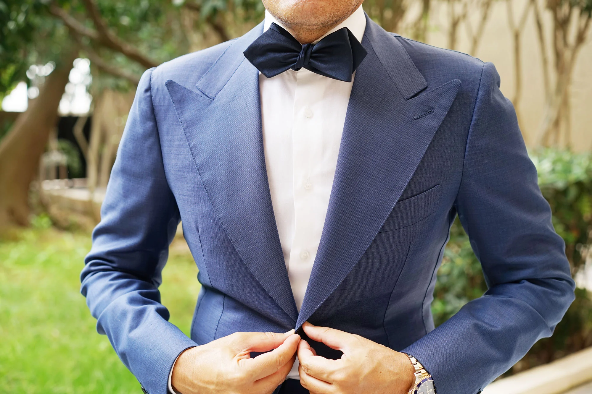 Navy Blue Self Tie Diamond Tip Bow Tie - Image 6