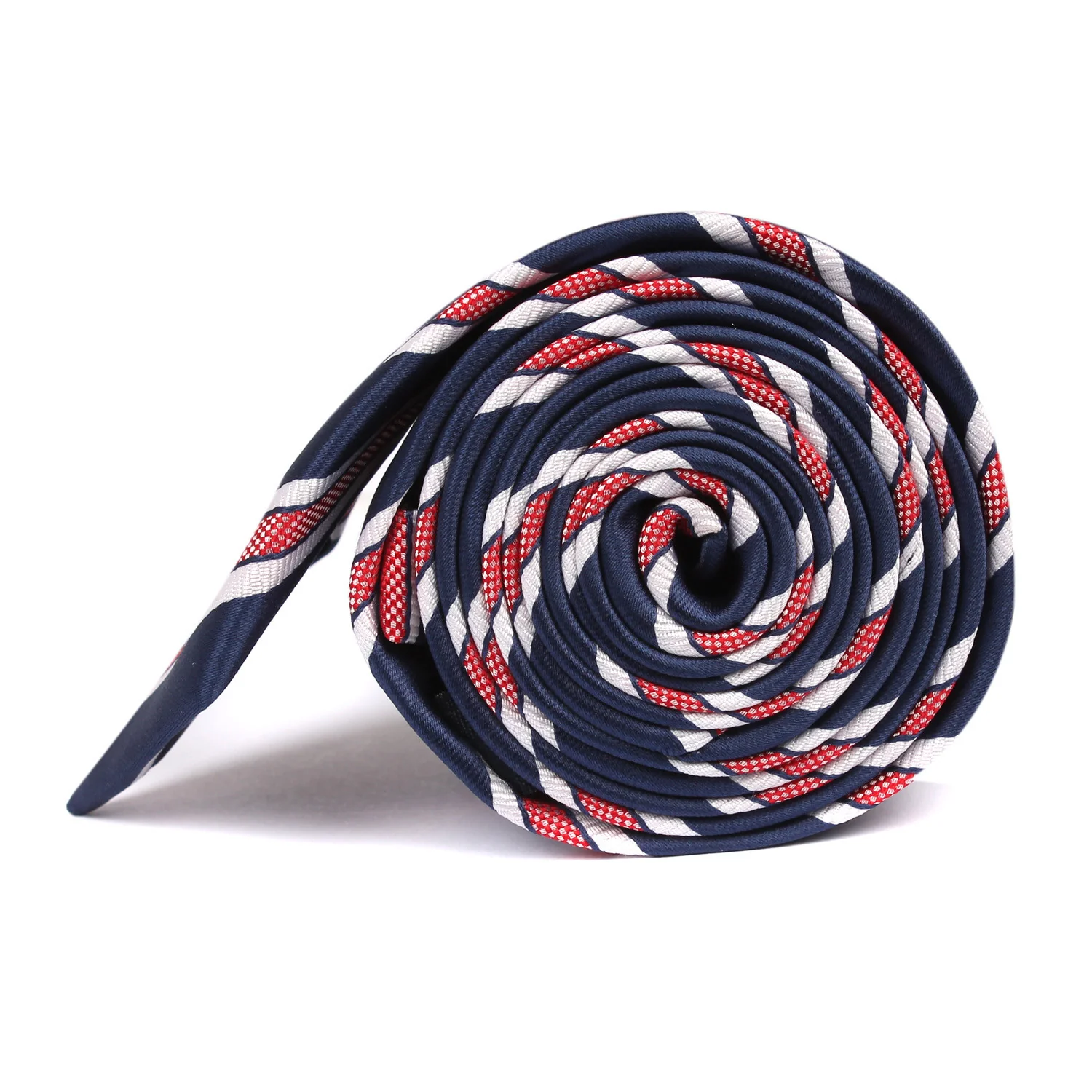 Navy Blue Skinny Tie with Red Stripes - Image 3