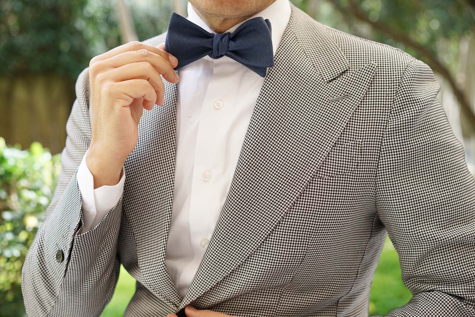 Navy Blue Slub Linen Self Tie Bow Tie - Image 6