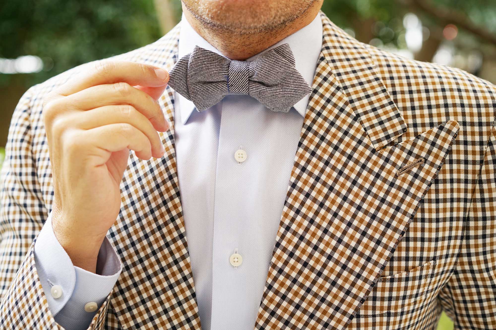 Navy Blue & White Twill Stripe Linen Diamond Bow Tie - Image 7