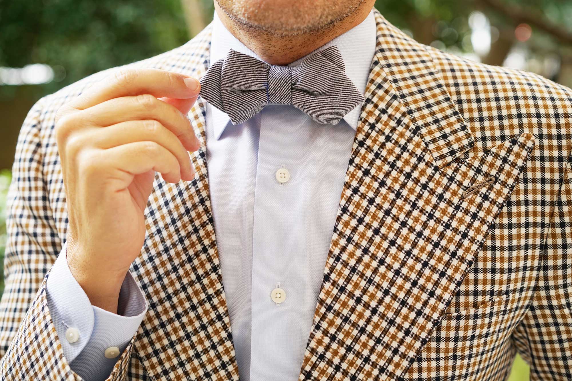 Navy Blue & White Twill Stripe Linen Diamond Bow Tie - Image 8