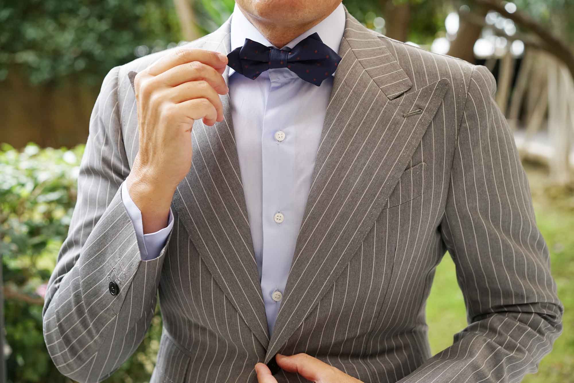 Navy Blue with Brown Polka Dots Diamond Bow Tie - Image 8