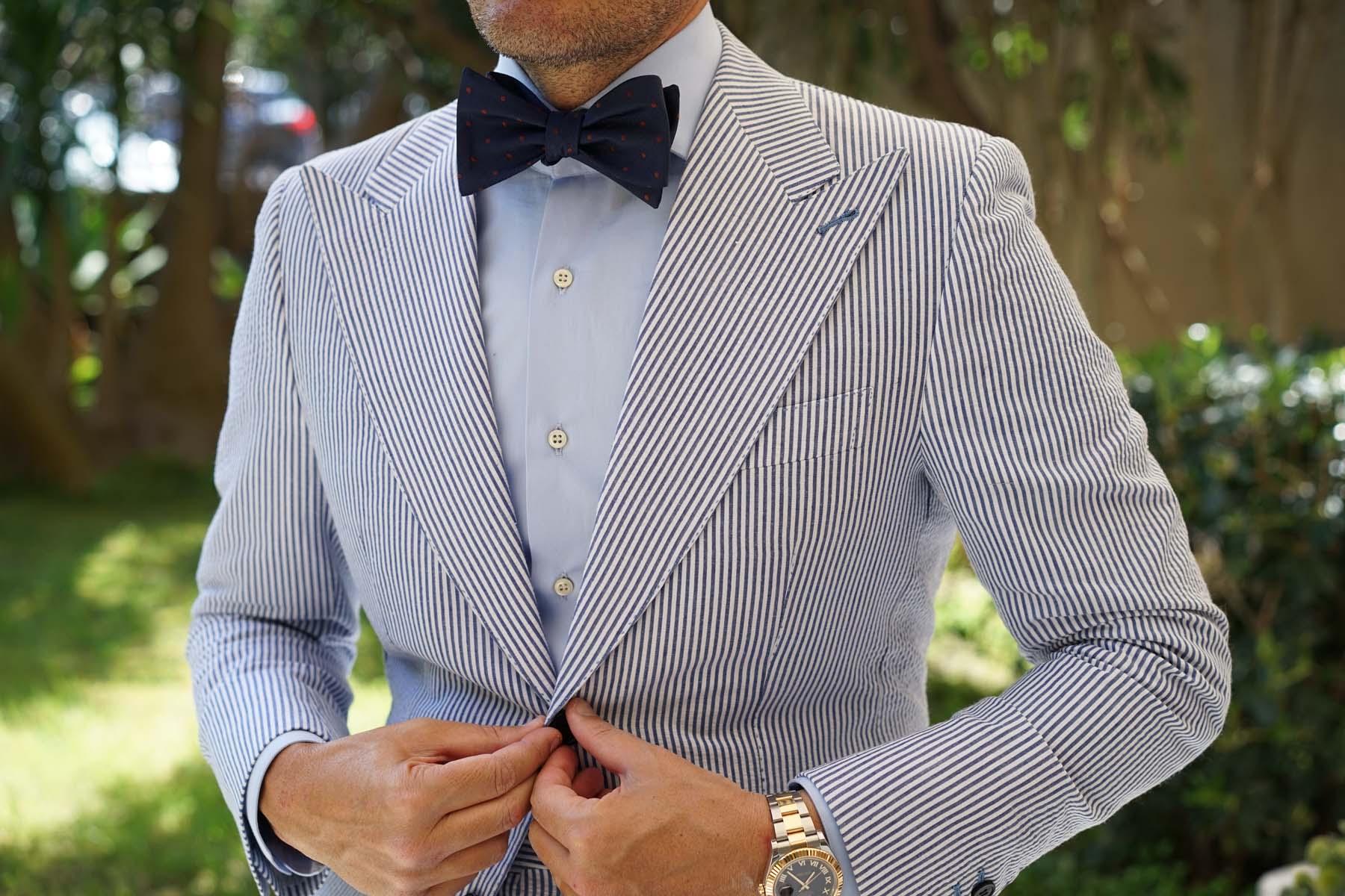 Navy Blue with Brown Polka Dots Self Tie Bow Tie - Image 7