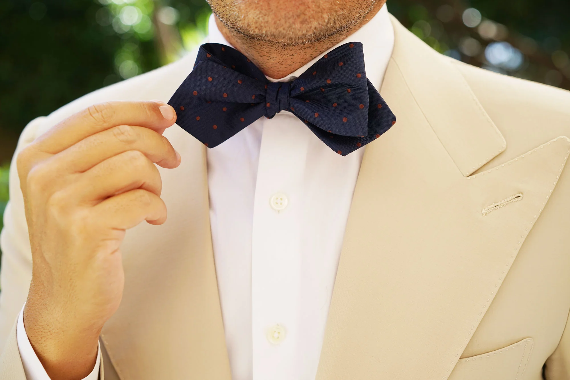 Navy Blue with Brown Polka Dots Self Tie Diamond Tip Bow Tie - Image 12