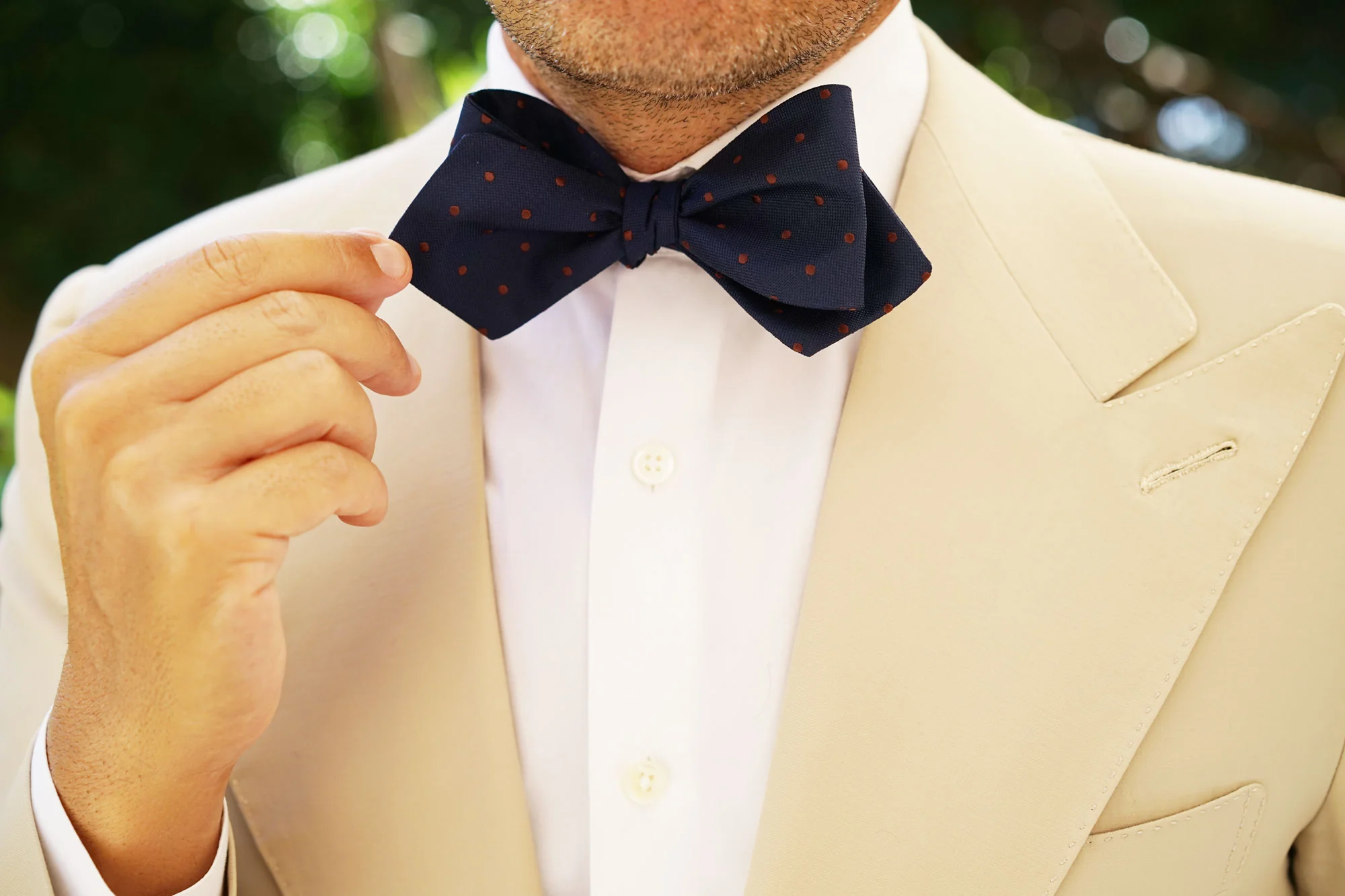 Navy Blue with Brown Polka Dots Self Tie Diamond Tip Bow Tie - Image 13