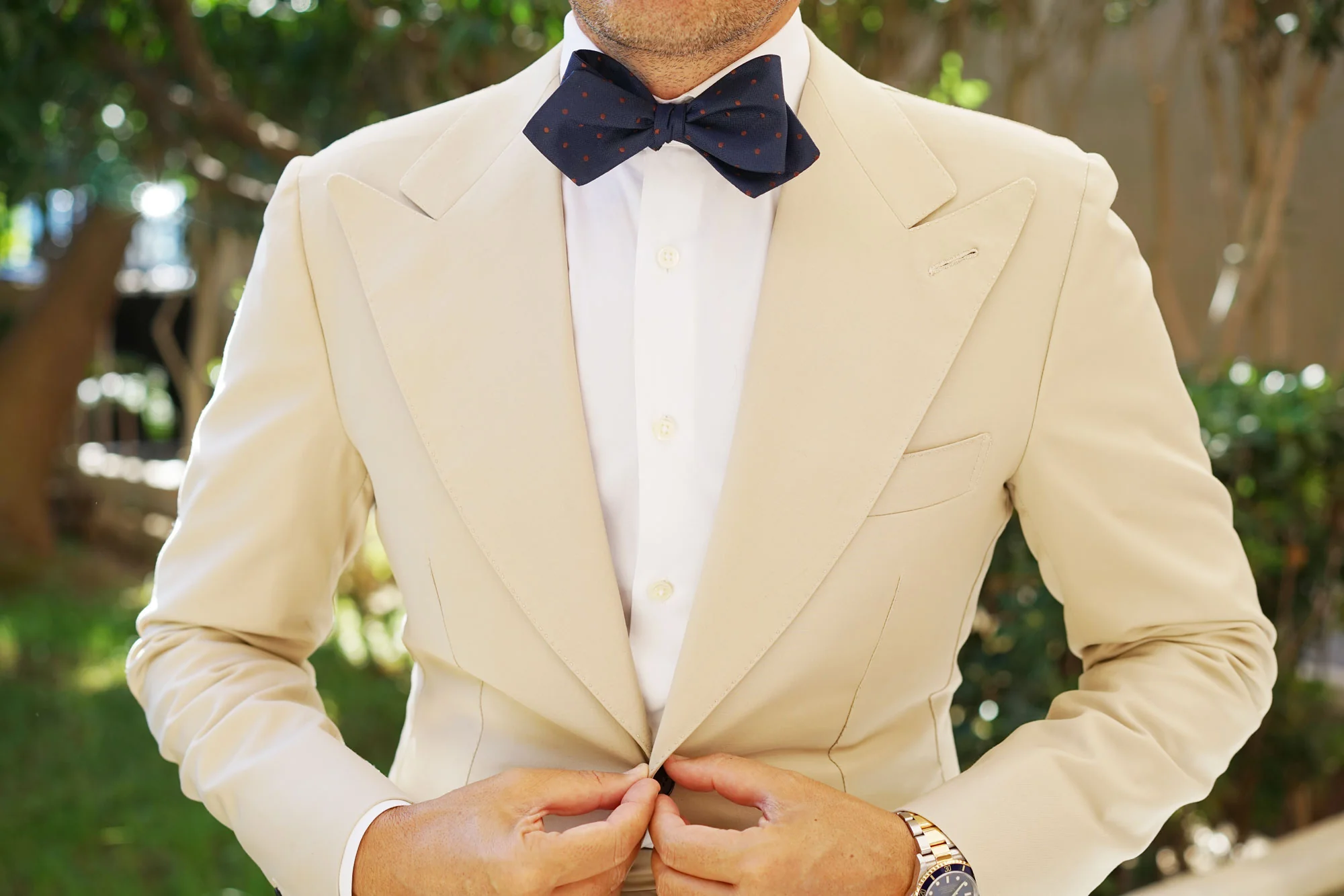 Navy Blue with Brown Polka Dots Self Tie Diamond Tip Bow Tie - Image 9