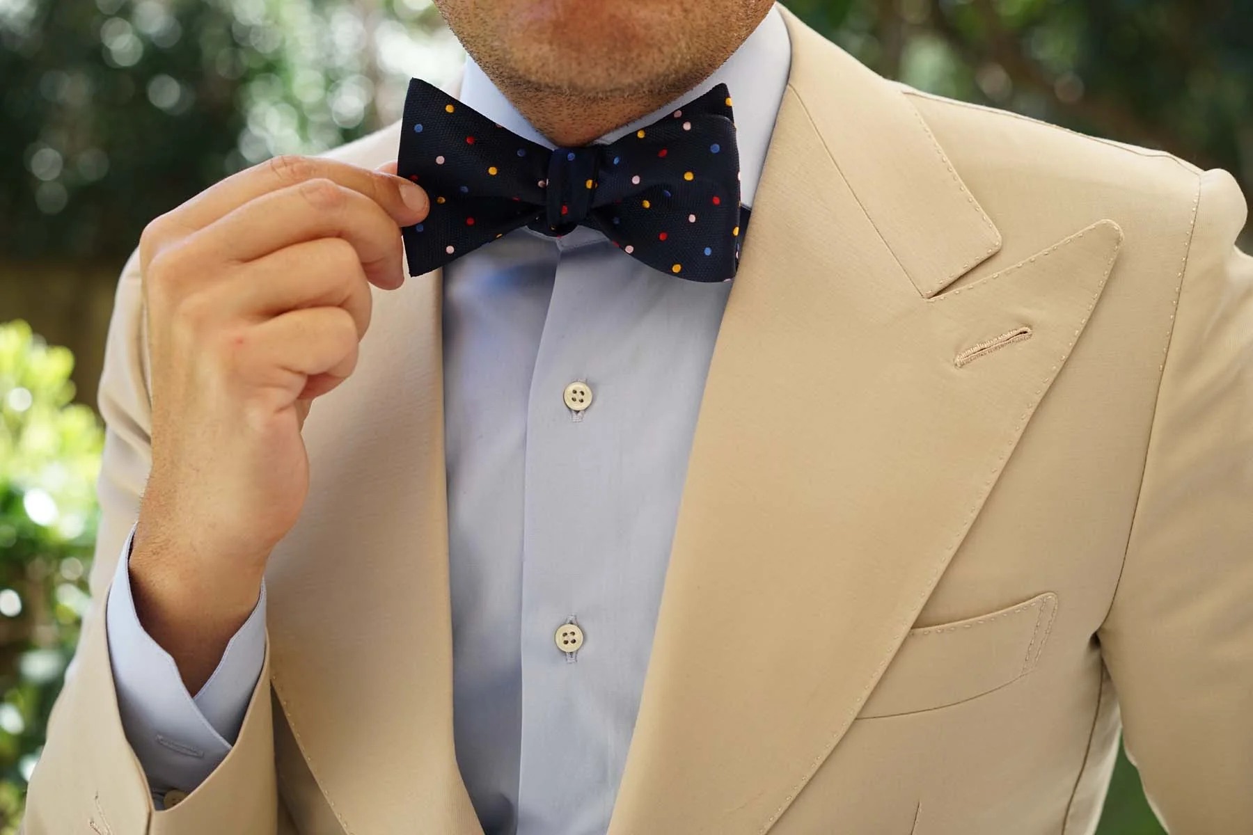 Navy Blue with Confetti Polka Dots Self Tie Bow Tie - Image 6