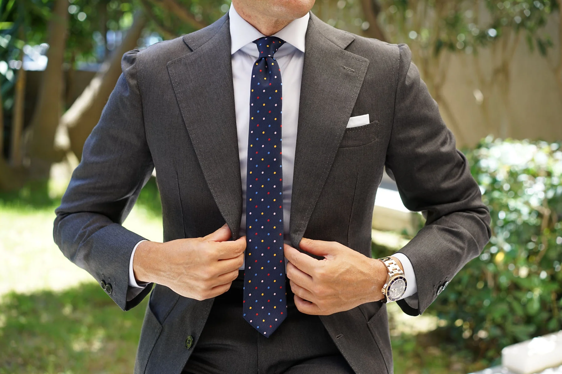 Navy Blue with Confetti Polka Dots Skinny Tie - Image 5