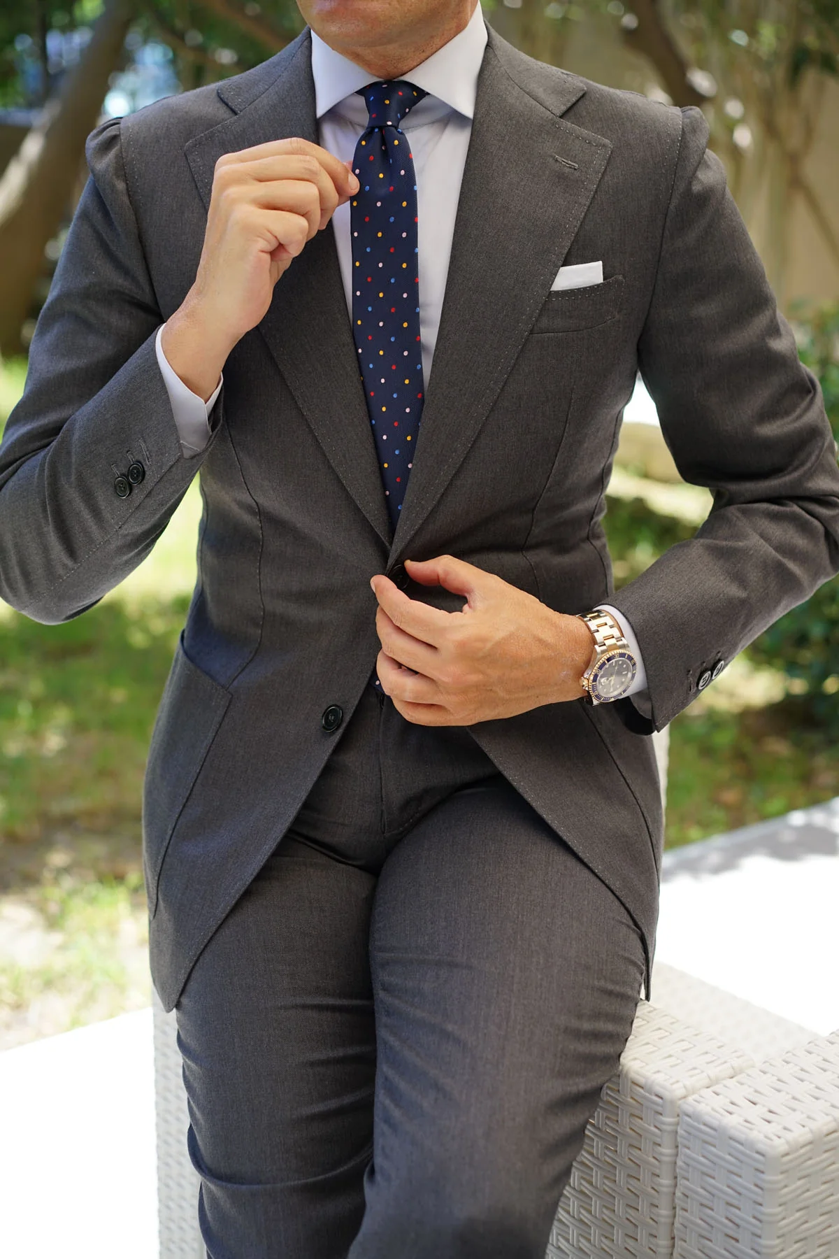 Navy Blue with Confetti Polka Dots Skinny Tie - Image 6