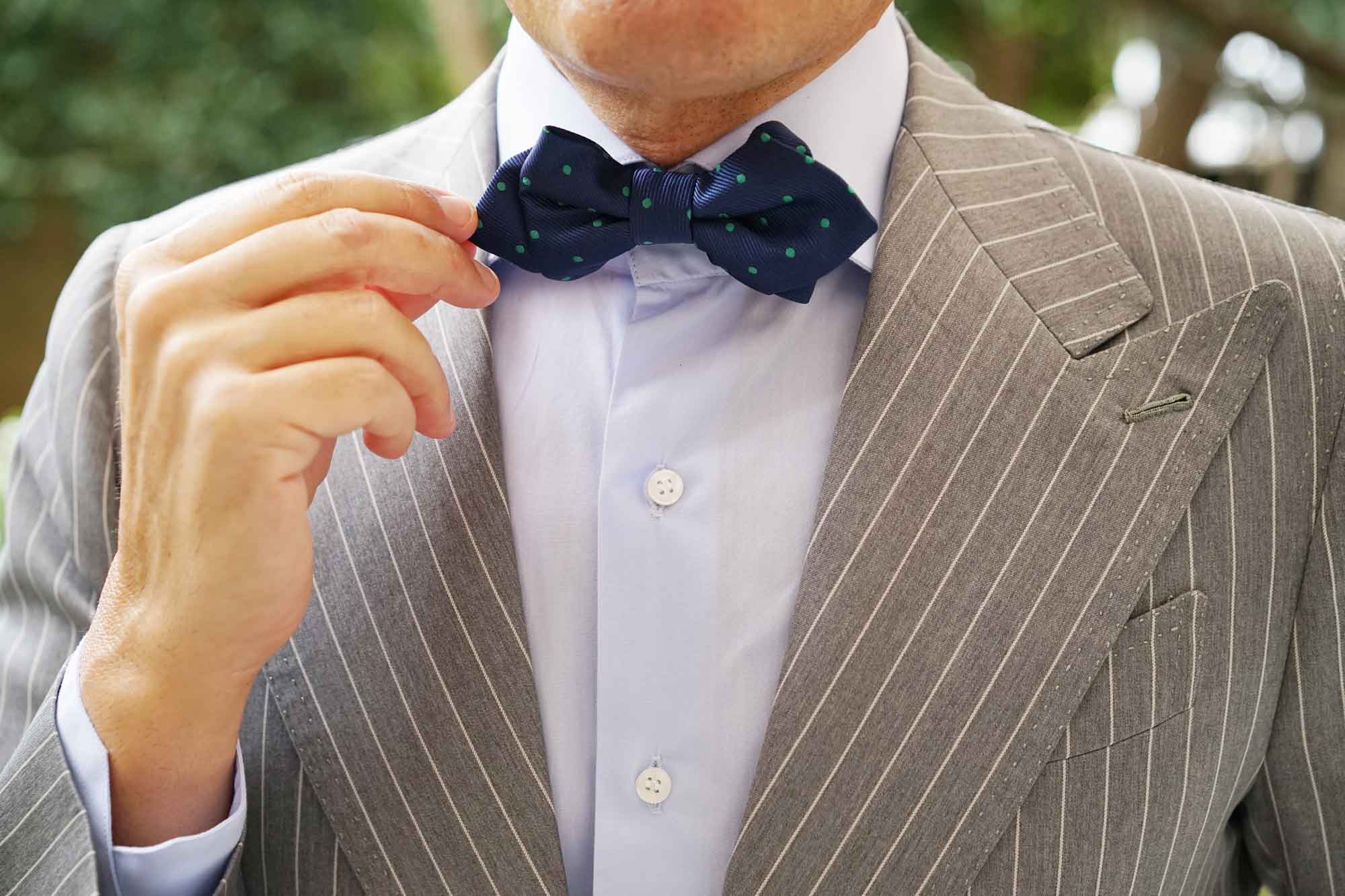 Navy Blue with Green Polka Dots Diamond Bow Tie - Image 10