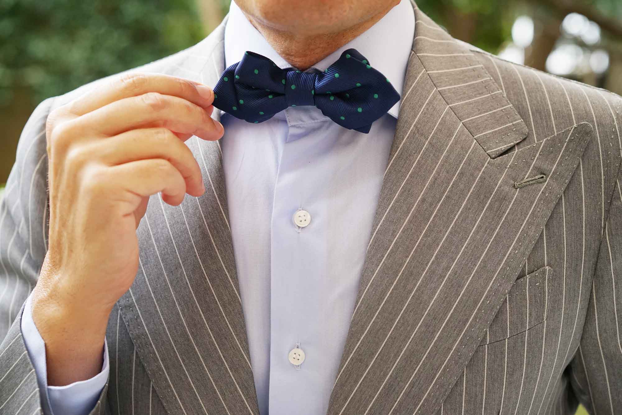 Navy Blue with Green Polka Dots Diamond Bow Tie - Image 9
