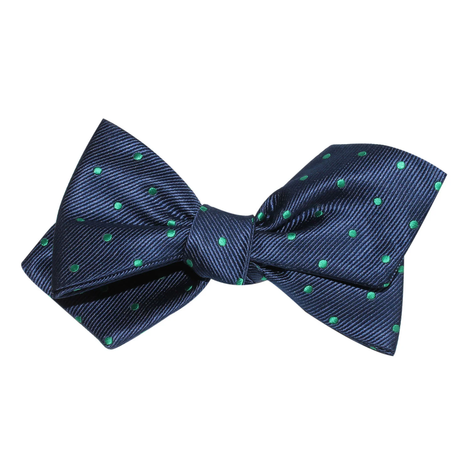 Navy Blue with Green Polka Dots Self Tie Diamond Tip Bow Tie - Image 4