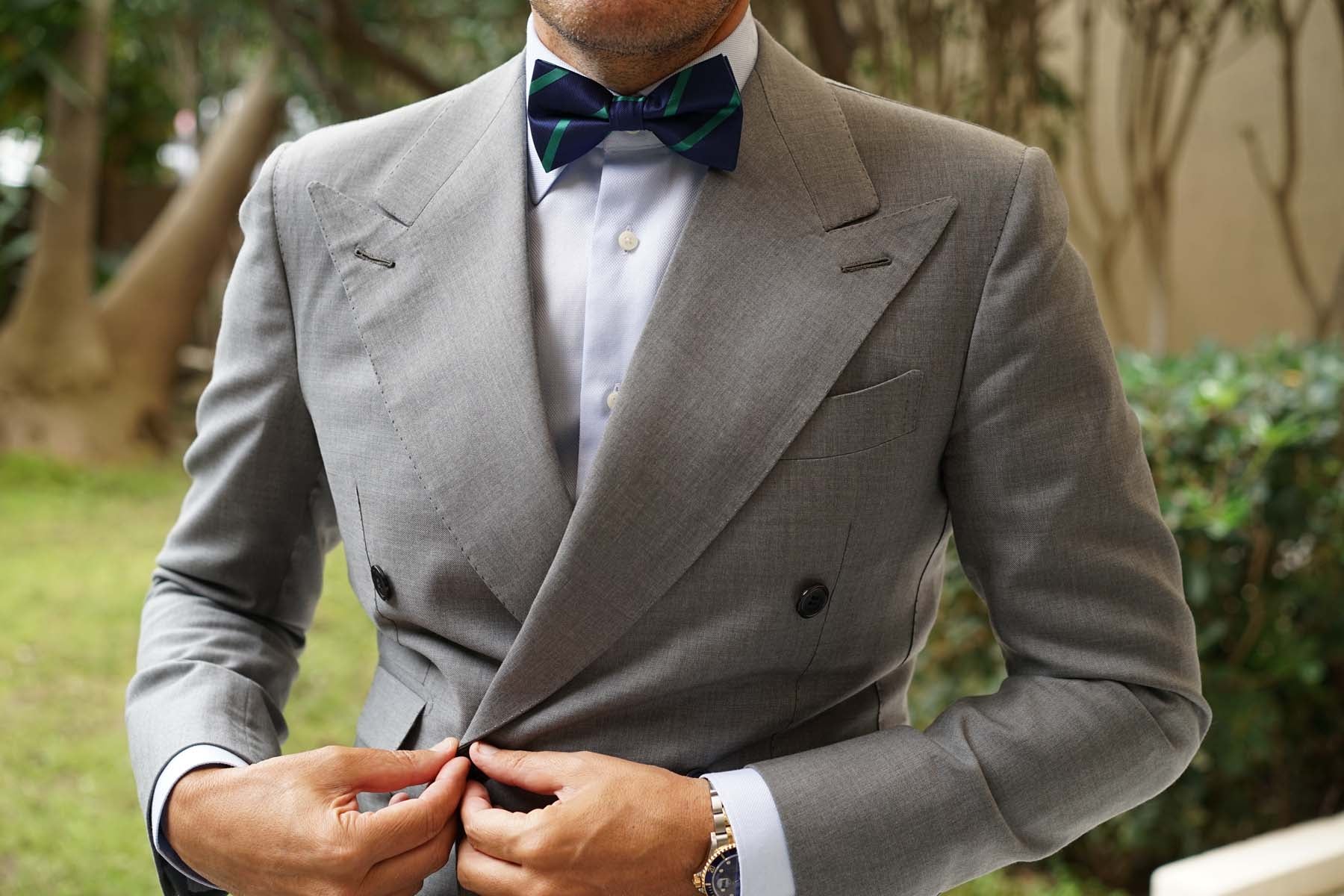 Navy Blue with Green Stripes Bow Tie - Image 5