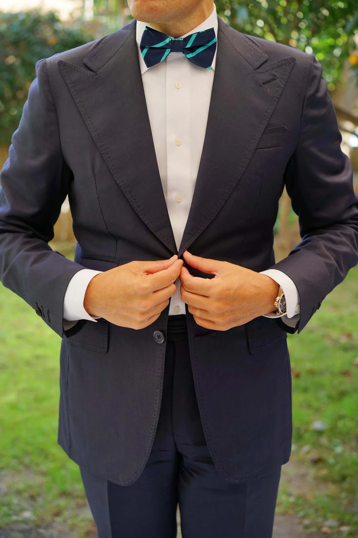 Navy Blue with Green Stripes Bow Tie - Image 7