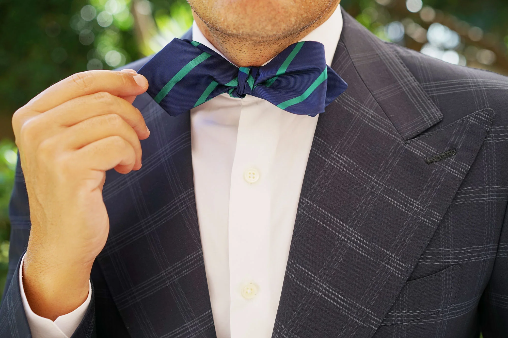 Navy Blue with Green Stripes Self Tie Diamond Tip Bow Tie - Image 11