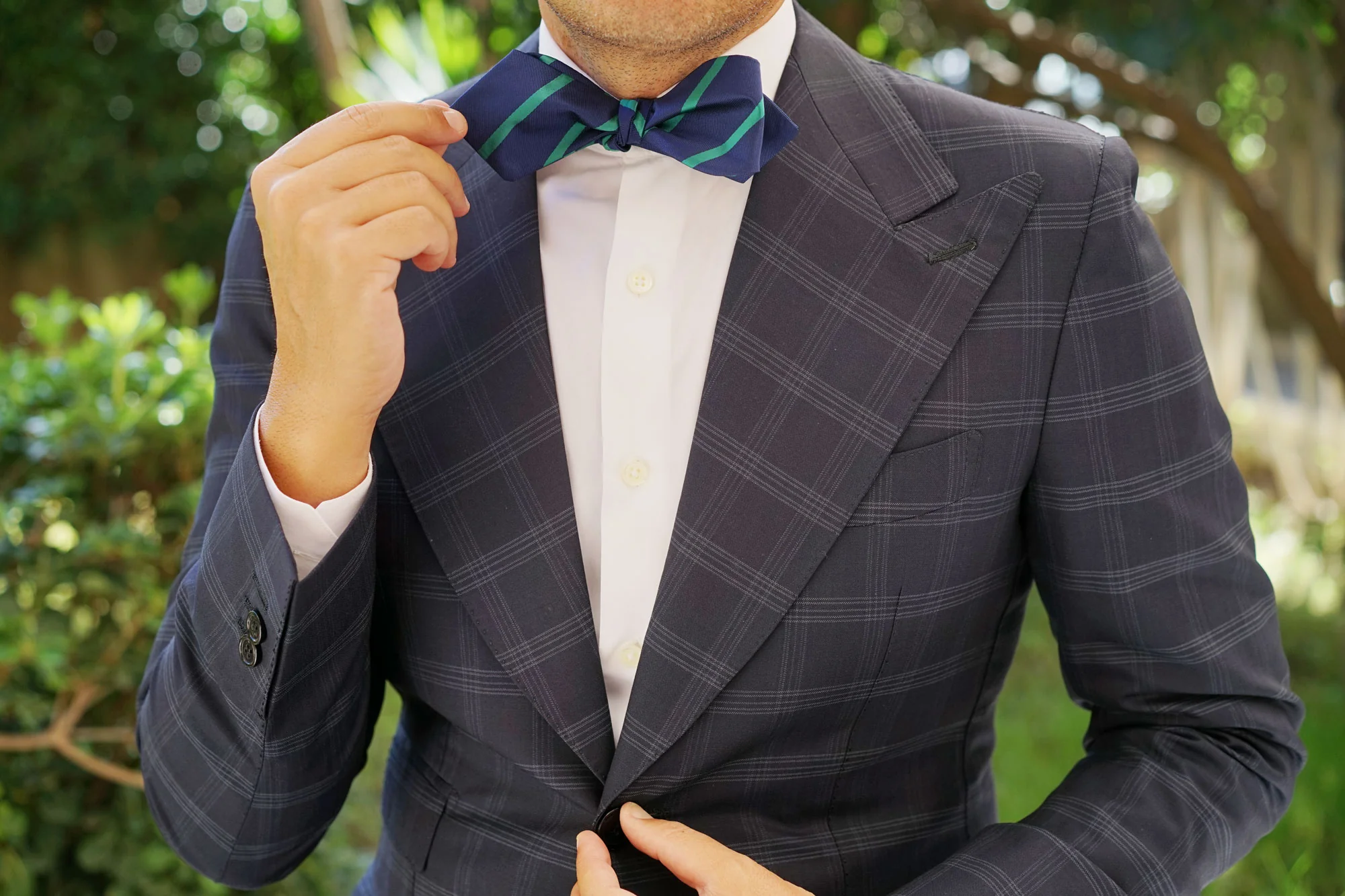 Navy Blue with Green Stripes Self Tie Diamond Tip Bow Tie - Image 9