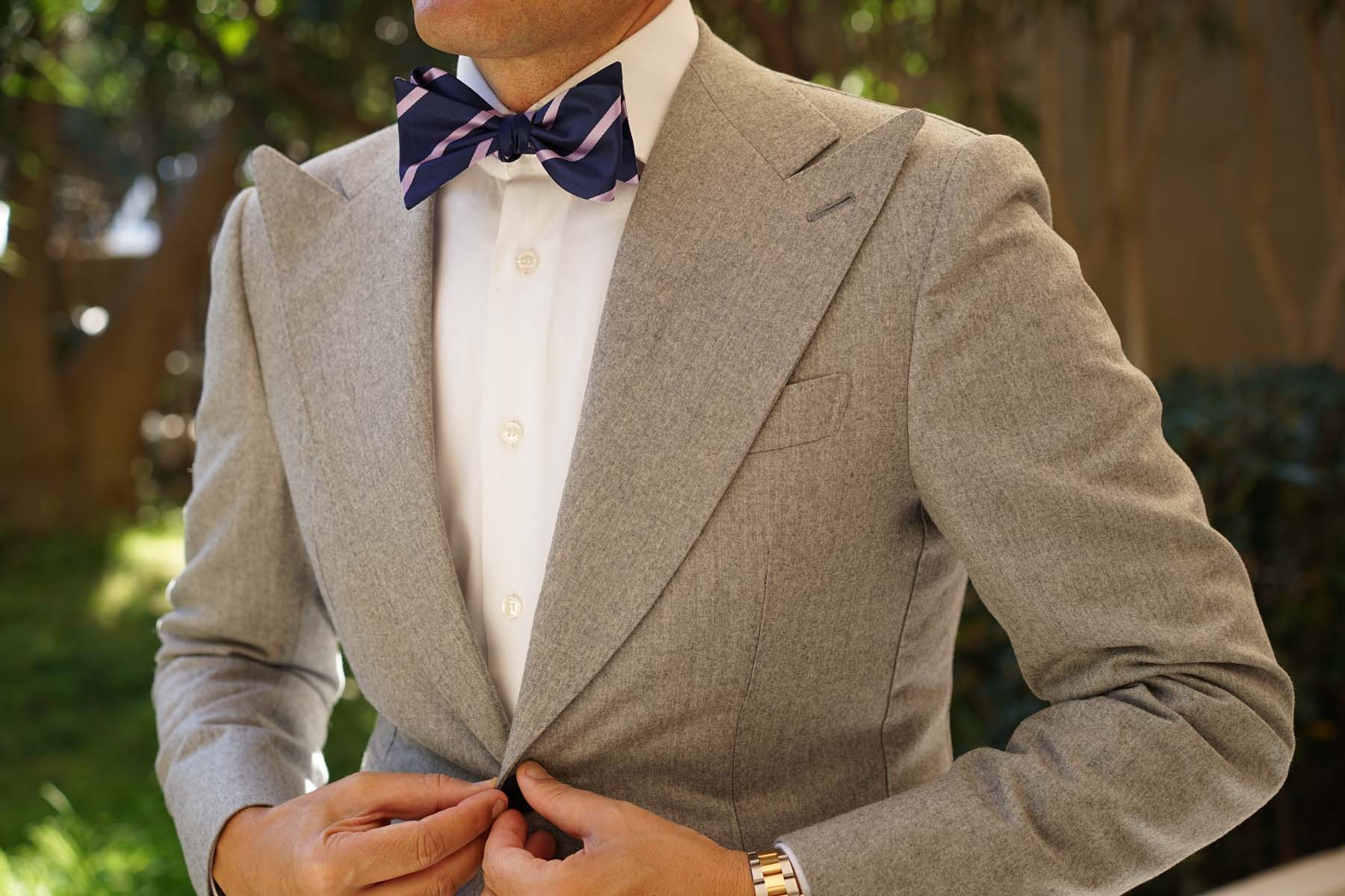 Navy Blue with Lavender Purple Stripes Self Tie Bow Tie - Image 6