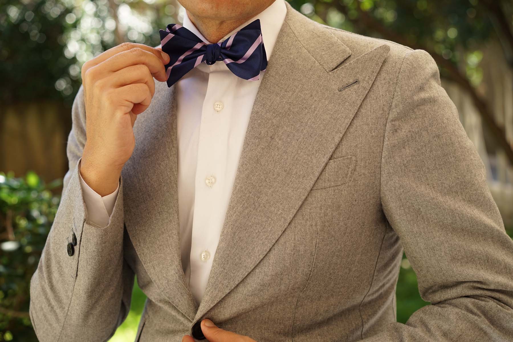 Navy Blue with Lavender Purple Stripes Self Tie Bow Tie - Image 8
