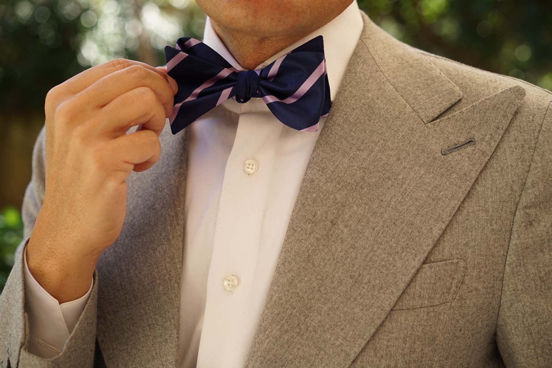 Navy Blue with Lavender Purple Stripes Self Tie Bow Tie - Image 9