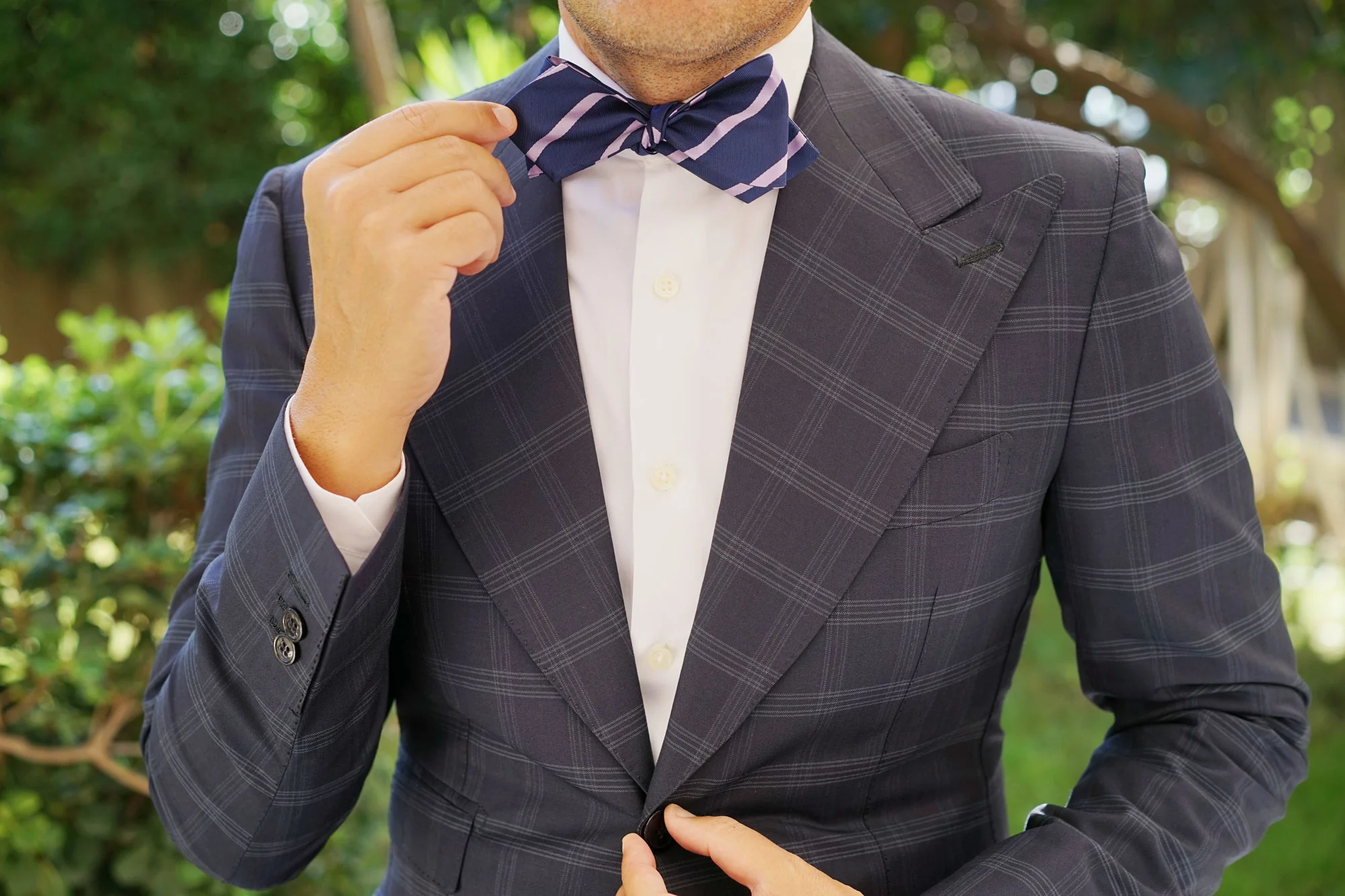 Navy Blue with Lavender Purple Stripes Self Tie Diamond Tip Bow Tie - Image 10