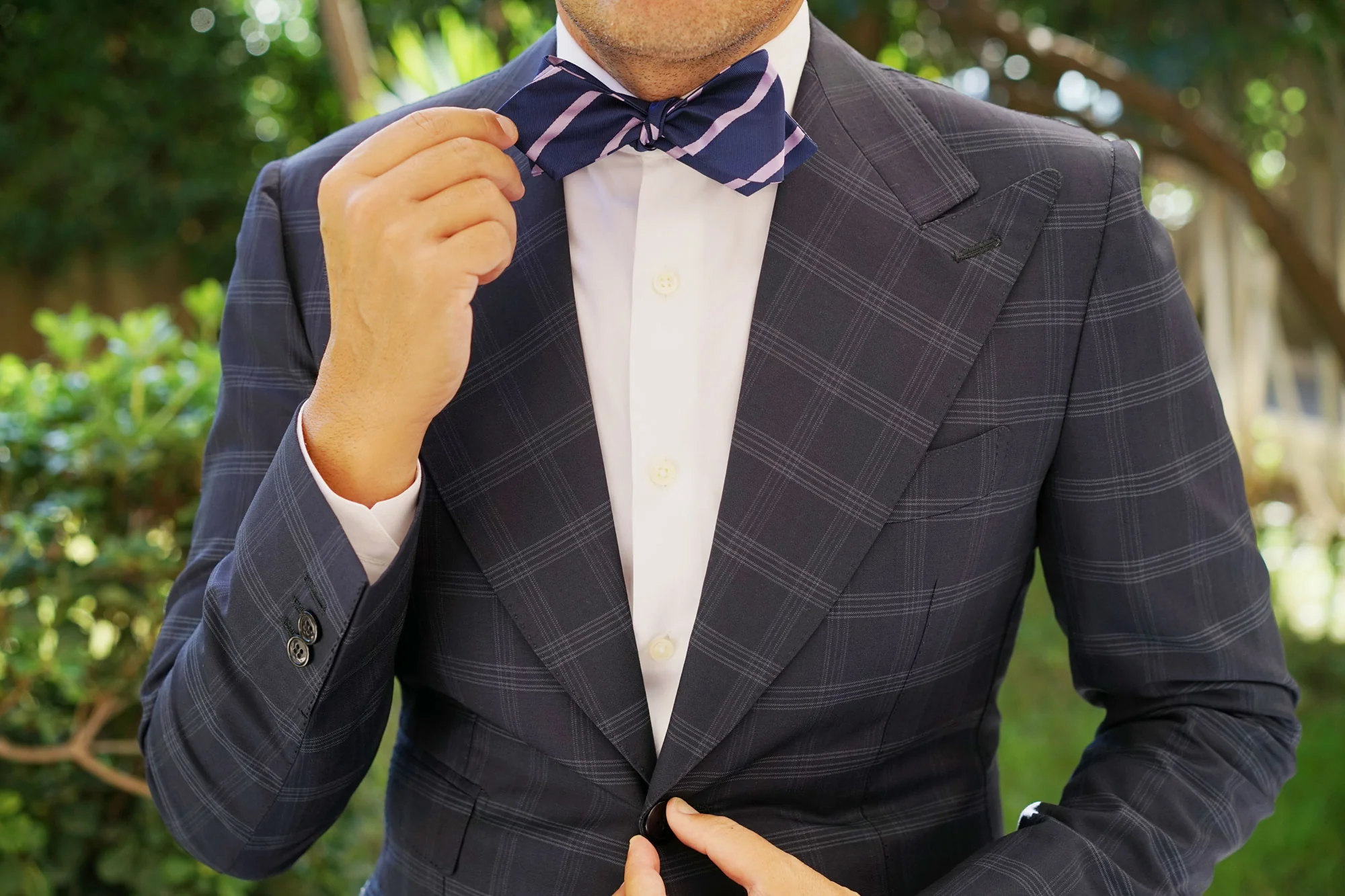 Navy Blue with Lavender Purple Stripes Self Tie Diamond Tip Bow Tie - Image 11