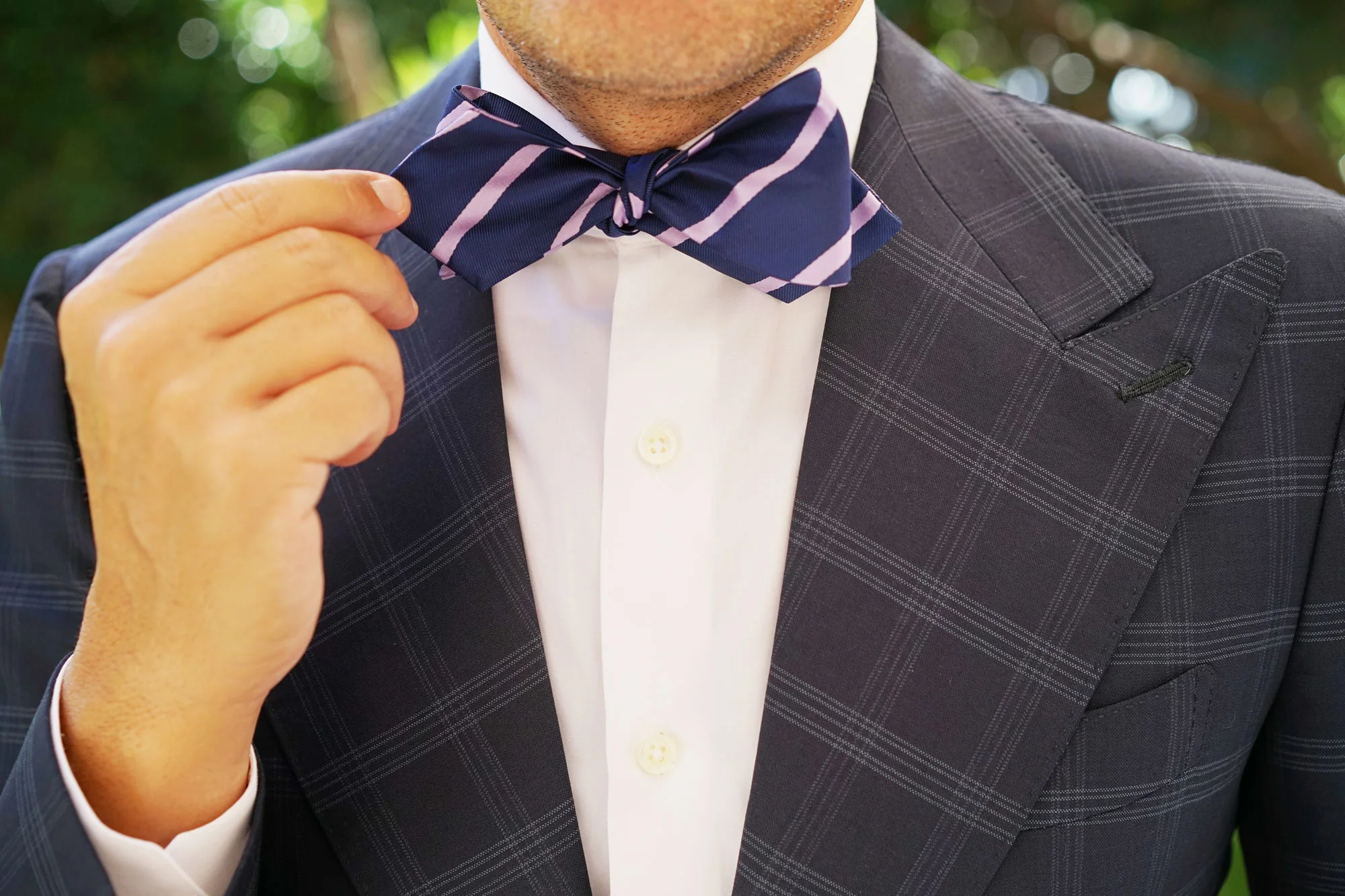 Navy Blue with Lavender Purple Stripes Self Tie Diamond Tip Bow Tie - Image 12