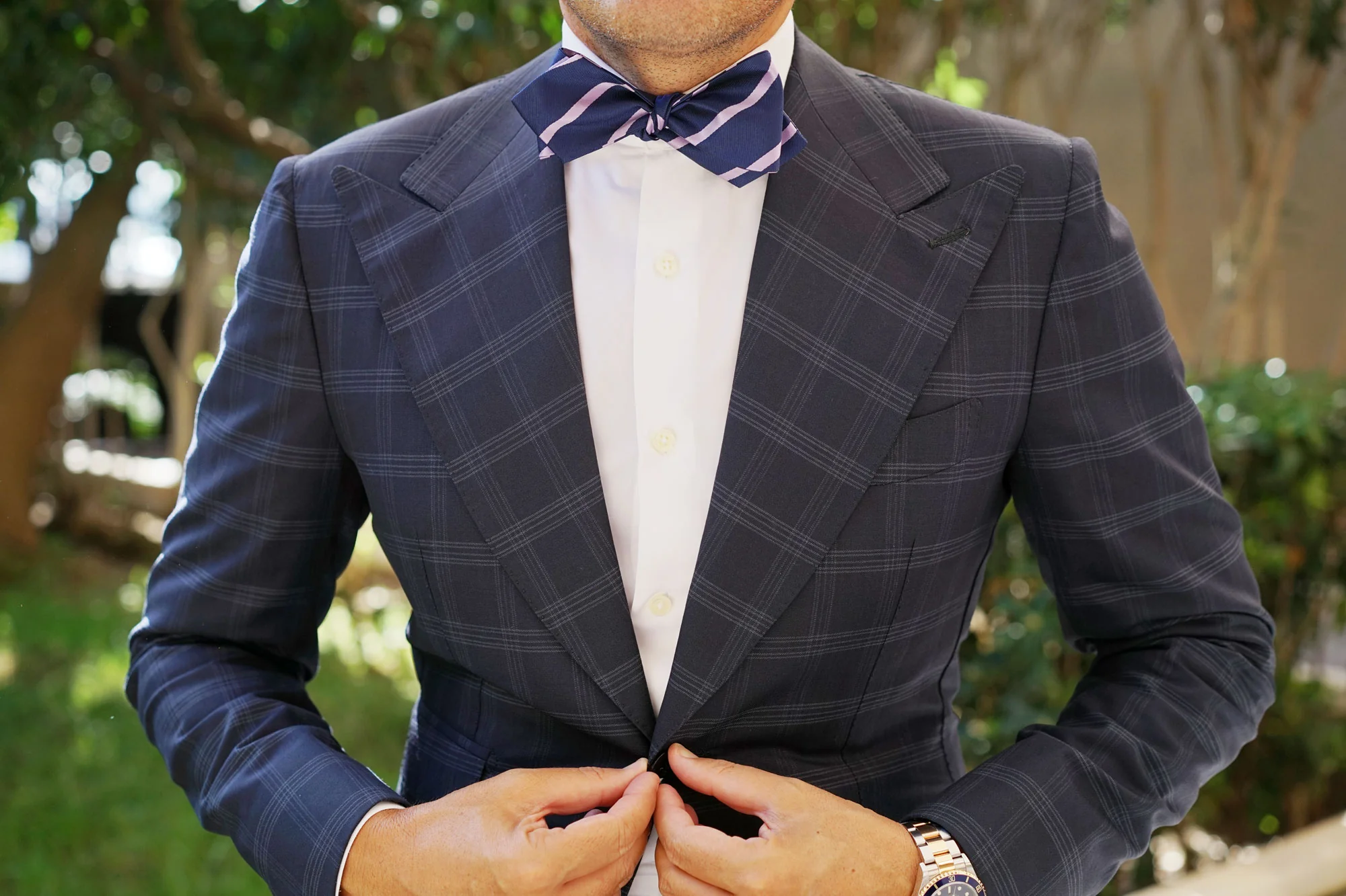 Navy Blue with Lavender Purple Stripes Self Tie Diamond Tip Bow Tie - Image 6