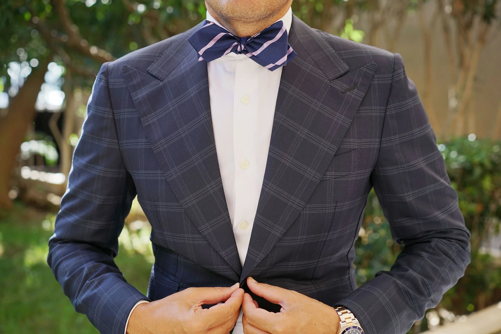 Navy Blue with Lavender Purple Stripes Self Tie Diamond Tip Bow Tie - Image 9