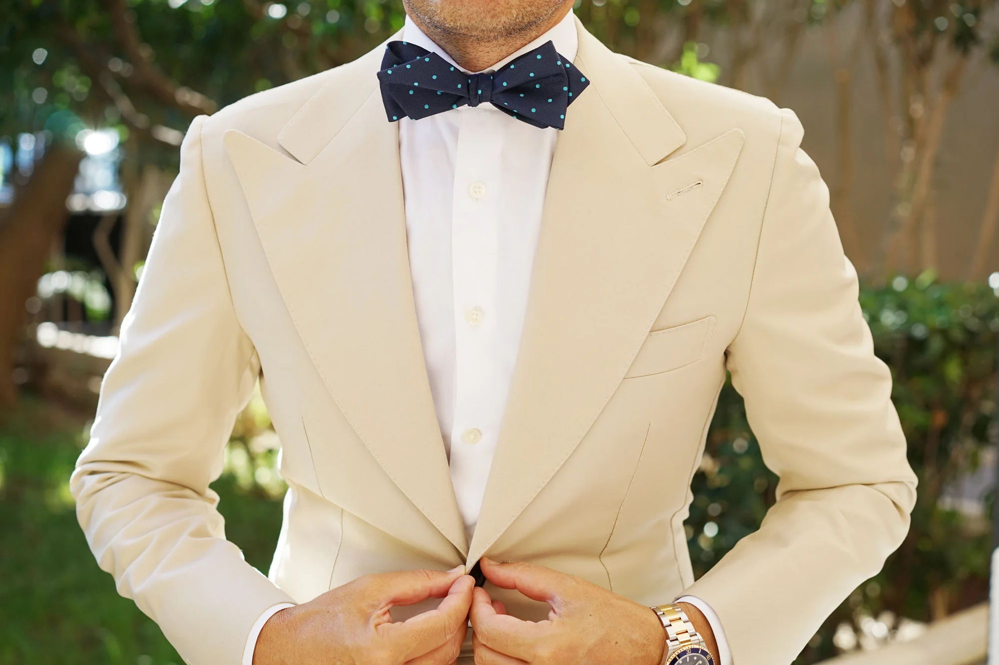 Navy Blue with Mint Blue Polka Dots Self Tie Diamond Tip Bow Tie - Image 6
