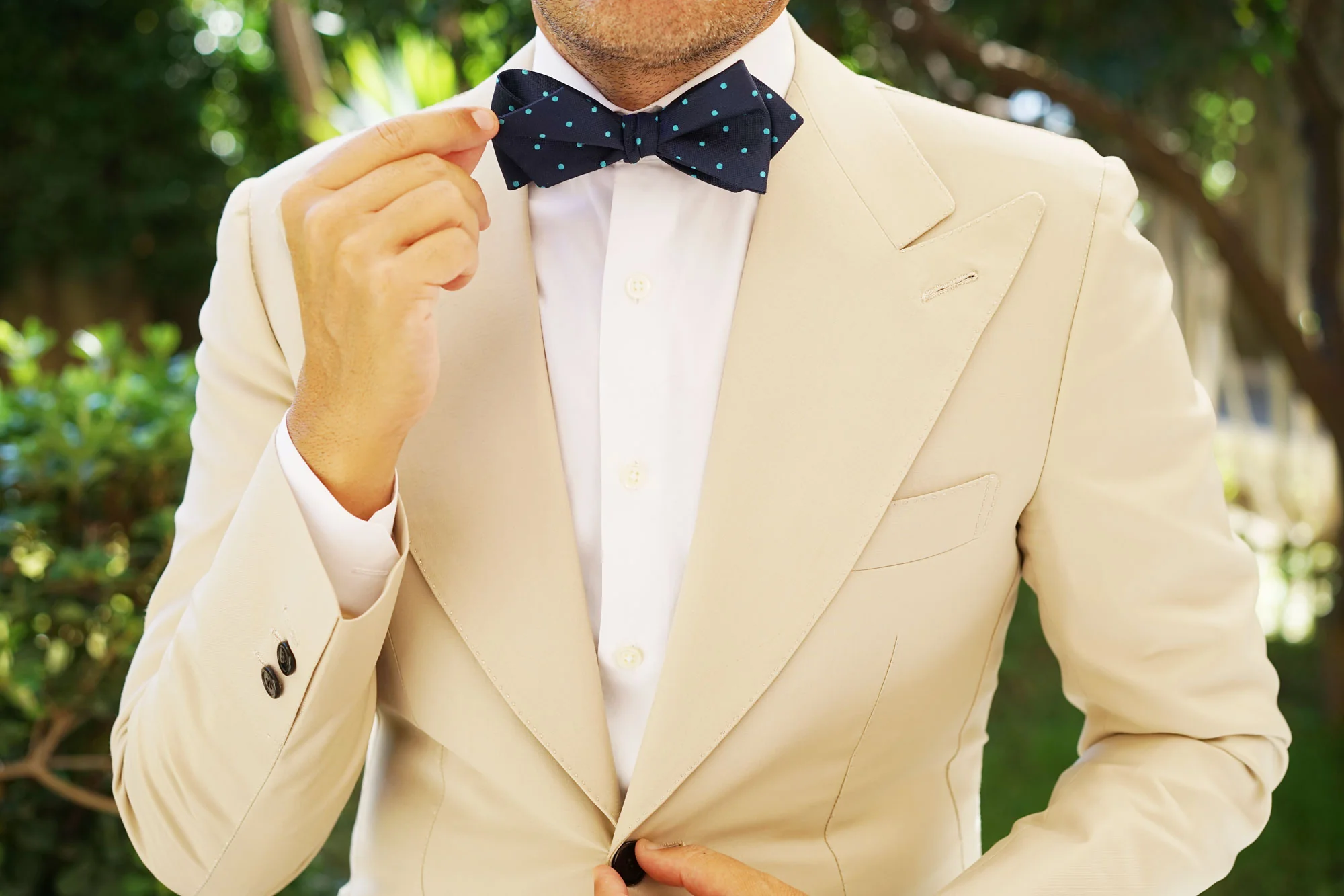 Navy Blue with Mint Blue Polka Dots Self Tie Diamond Tip Bow Tie - Image 8