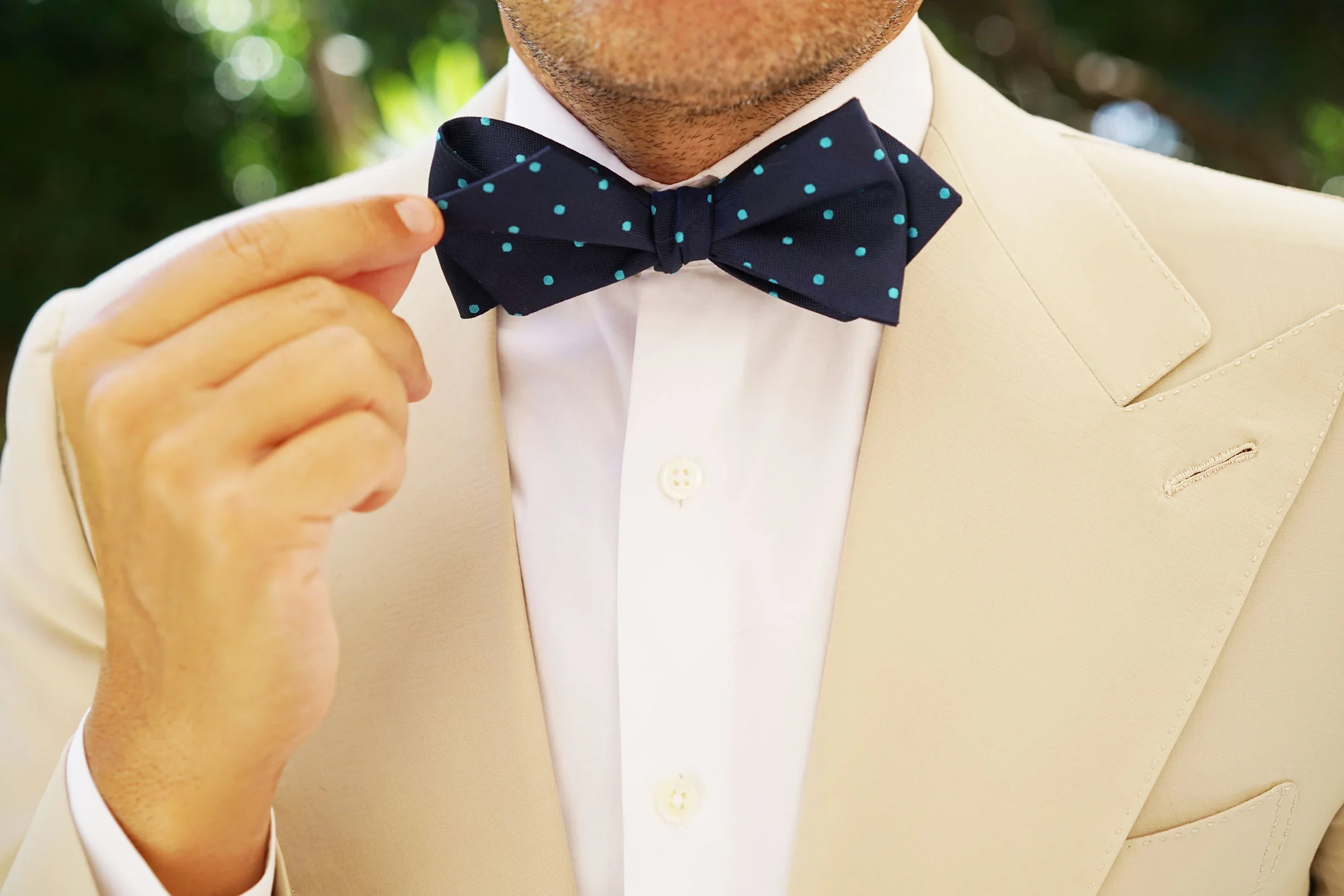 Navy Blue with Mint Blue Polka Dots Self Tie Diamond Tip Bow Tie - Image 9