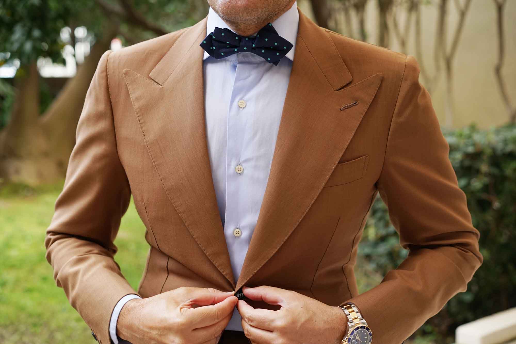 Navy Blue with Mint Green Polka Dots Diamond Bow Tie - Image 3