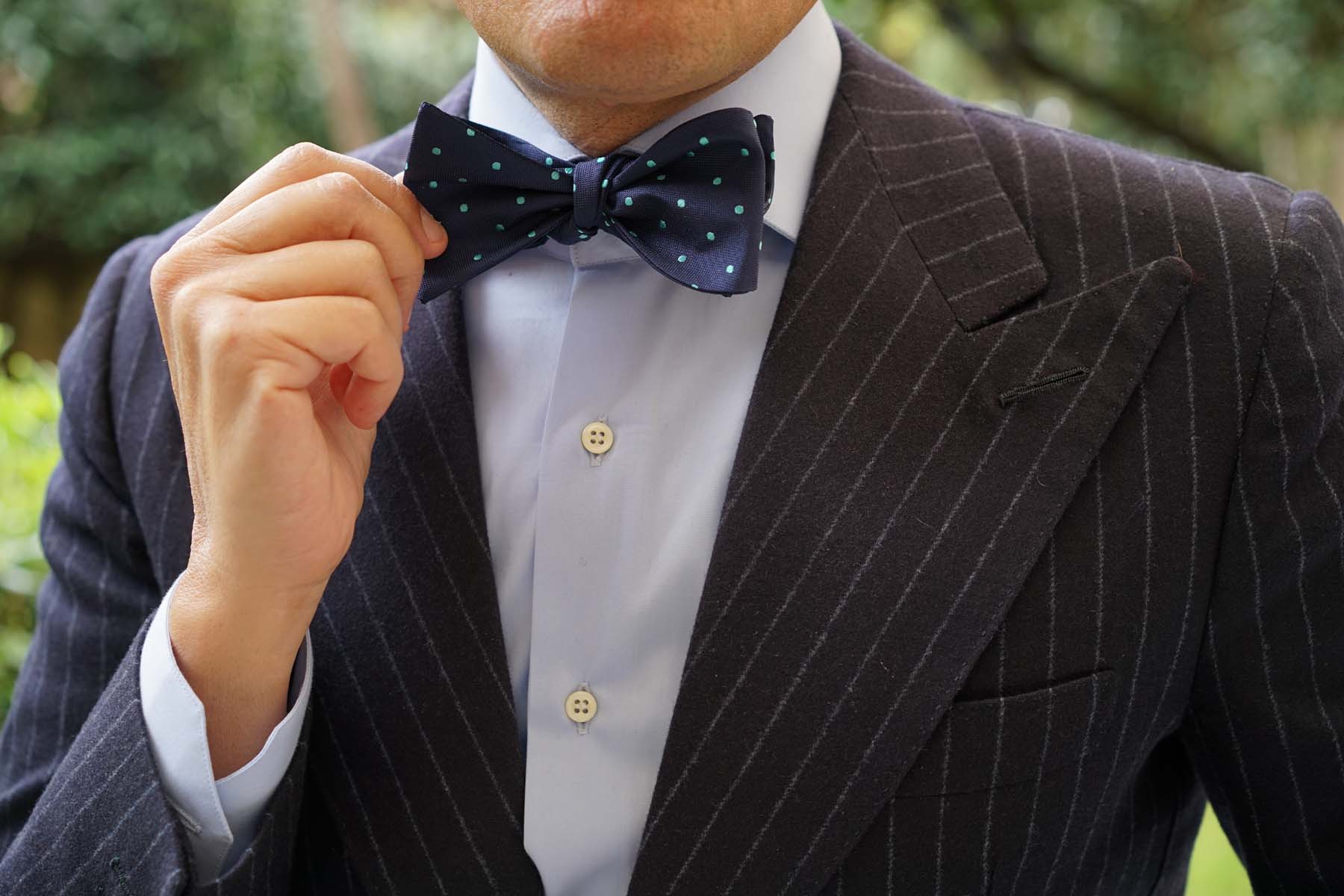Navy Blue with Mint Green Polka Dots Self Tie Bow Tie - Image 6