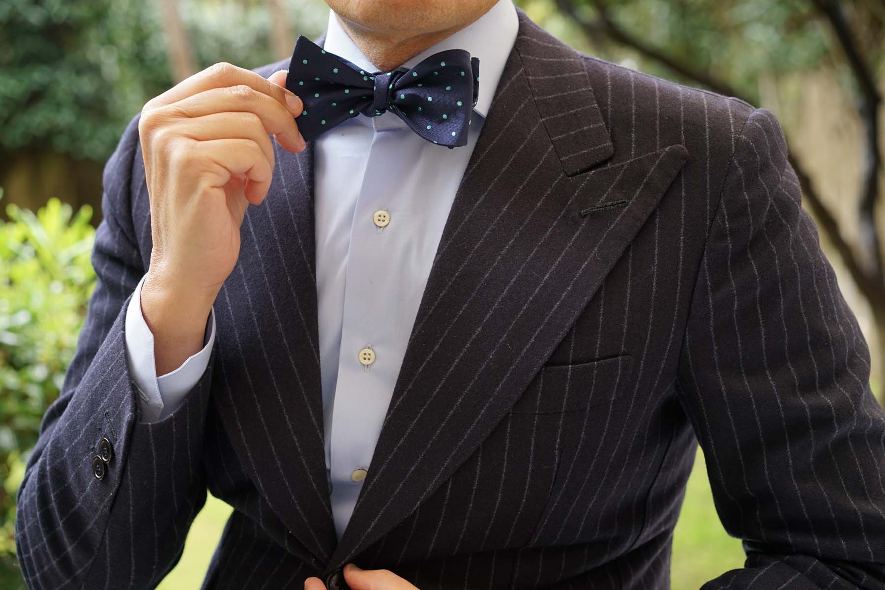 Navy Blue with Mint Green Polka Dots Self Tie Bow Tie - Image 8