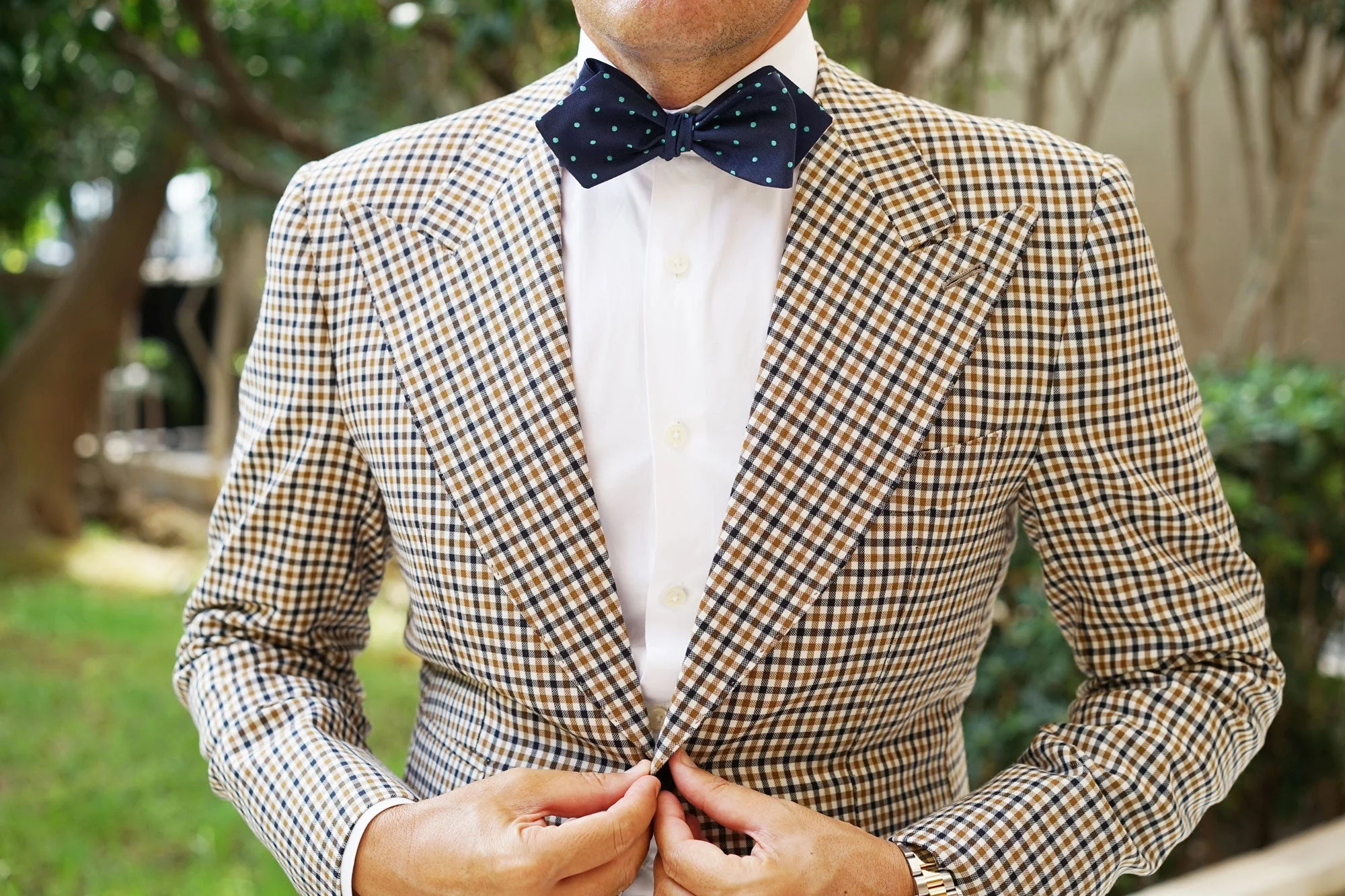 Navy Blue with Mint Green Polka Dots Self Tie Diamond Tip Bow Tie - Image 6