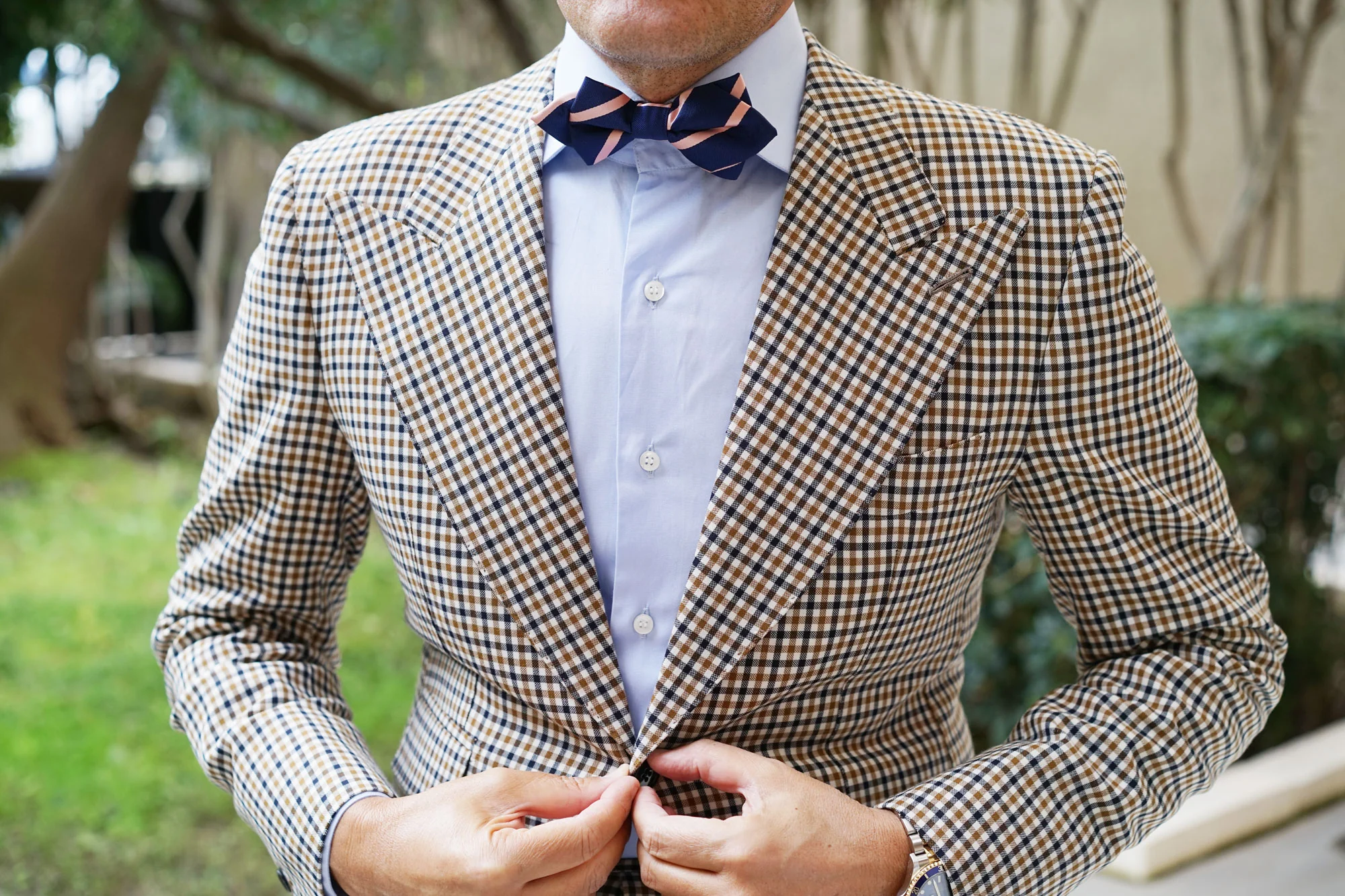 Navy Blue with Peach Stripe Diamond Bow Tie - Image 2
