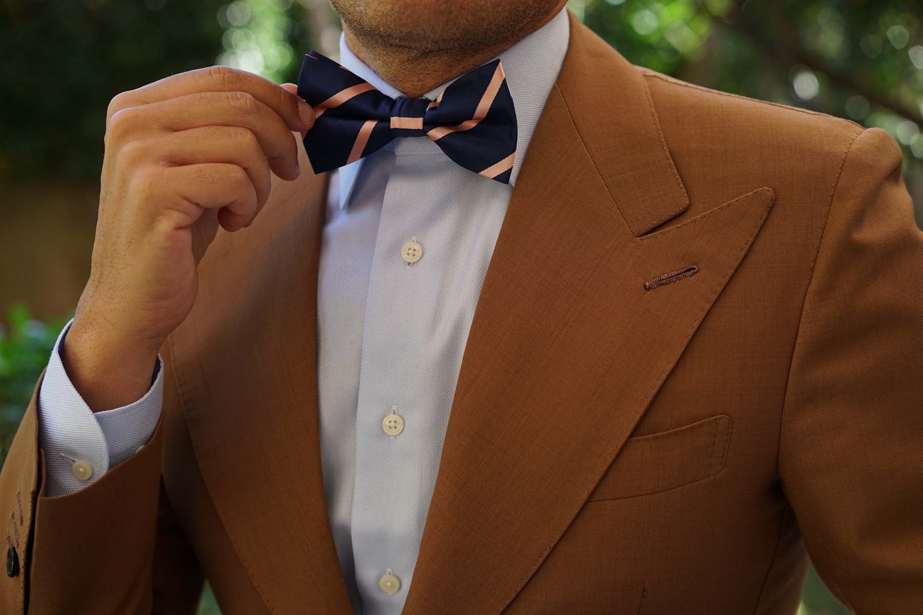 Navy Blue with Peach Stripes Bow Tie - Image 5