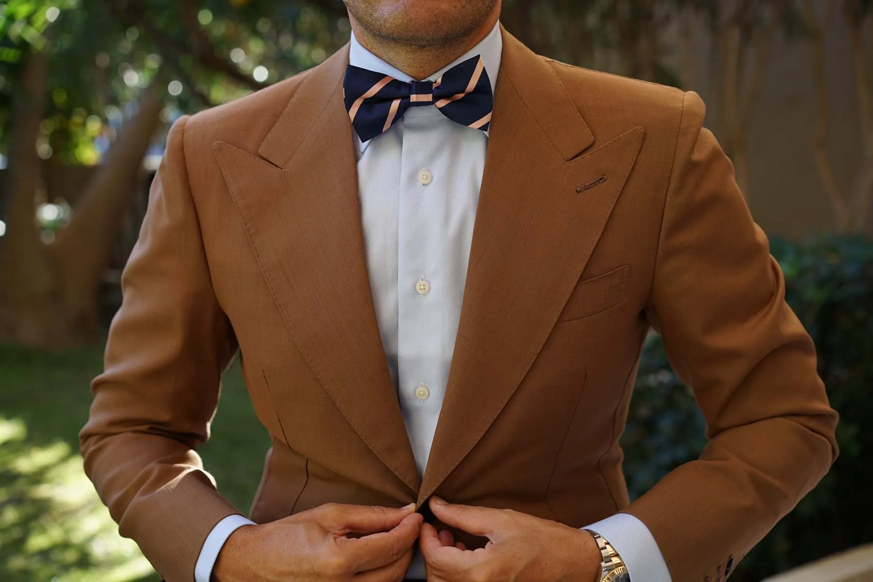 Navy Blue with Peach Stripes Bow Tie - Image 8