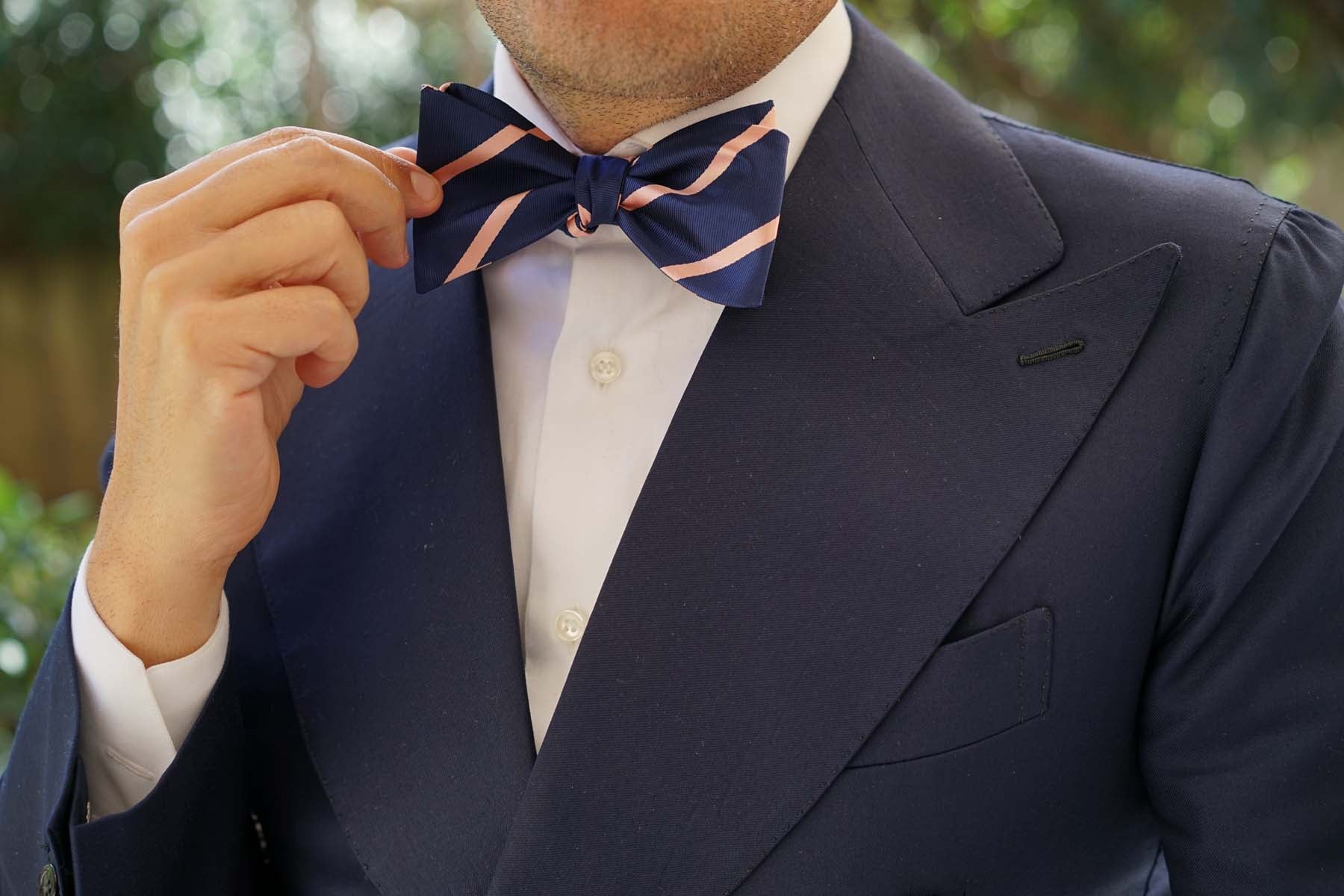 Navy Blue with Peach Stripes Self Tie Bow Tie - Image 6