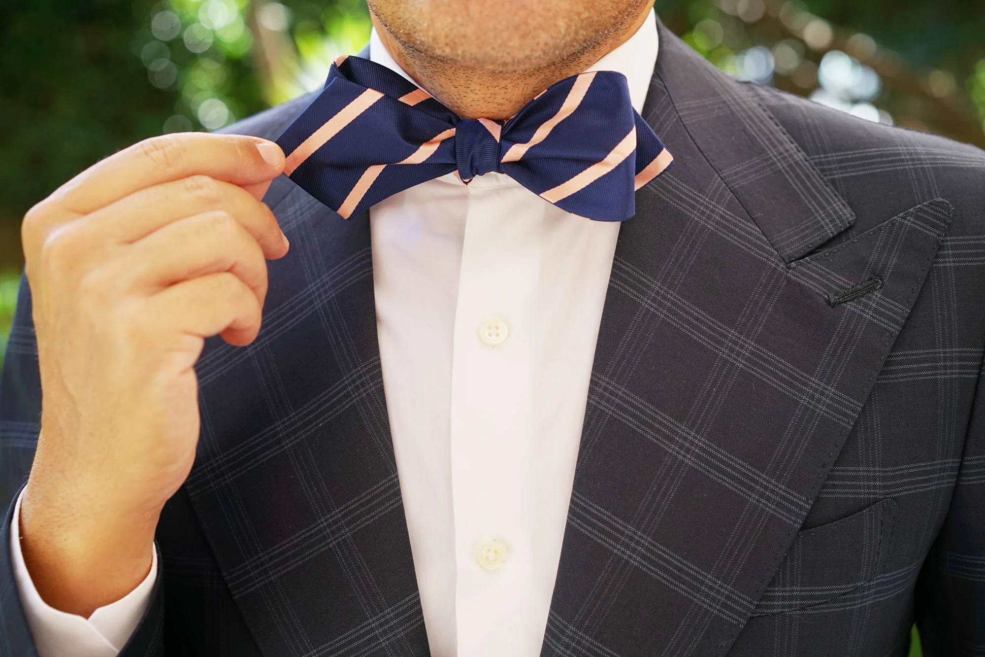 Navy Blue with Peach Stripes Self Tie Diamond Tip Bow Tie - Image 10