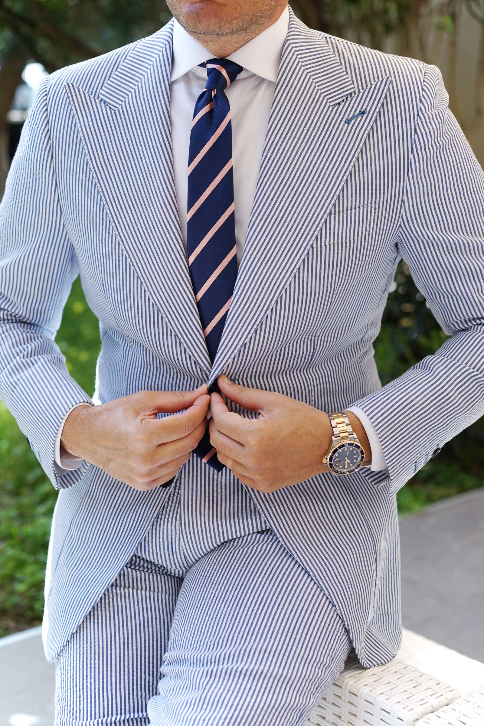 Navy Blue with Peach Stripes Skinny Tie - Image 11