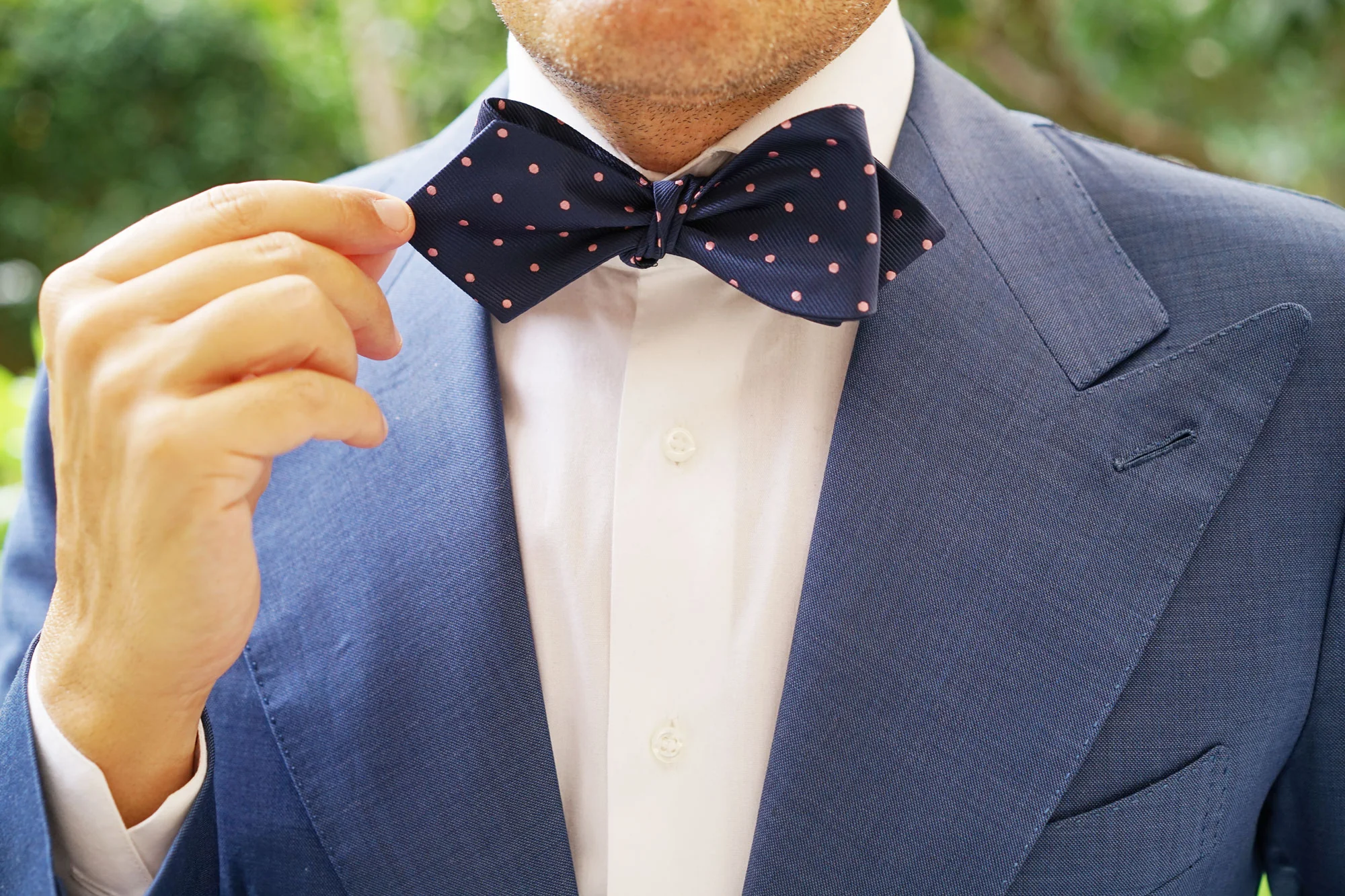 Navy Blue with Pink Polka Dots Self Tie Diamond Tip Bow Tie - Image 12