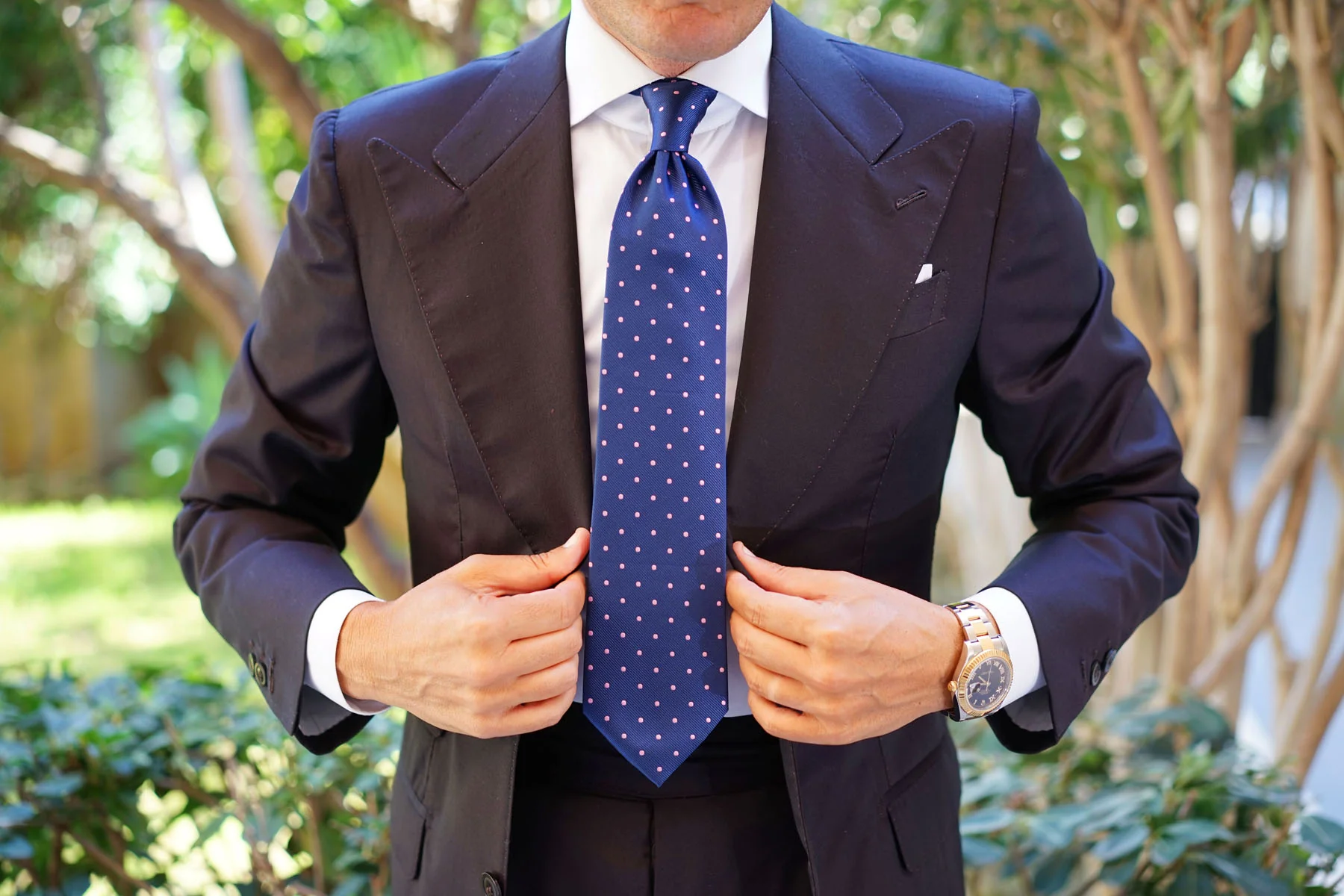 Navy Blue with Pink Polka Dots Tie - Image 12