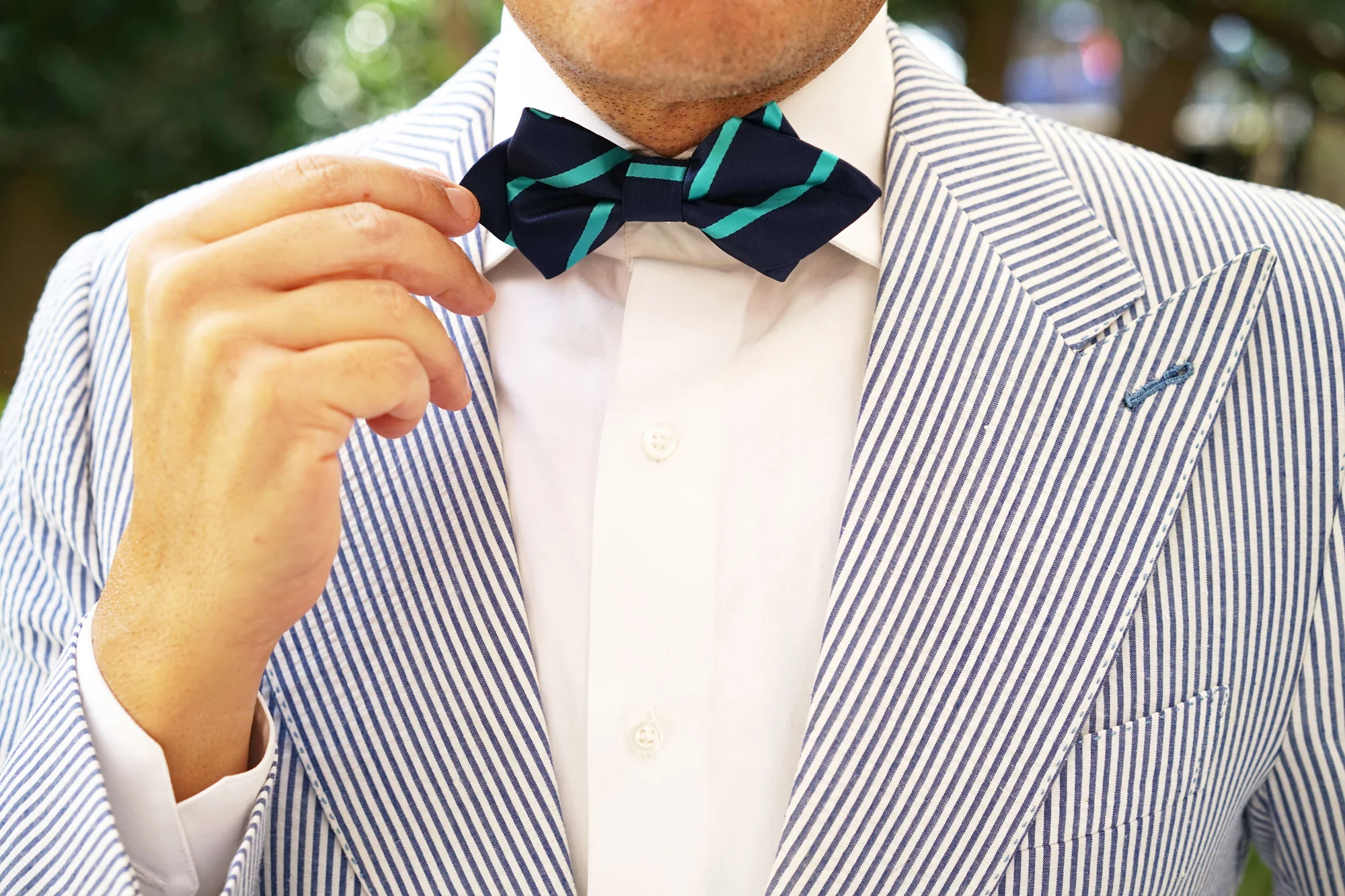 Navy Blue with Striped Light Blue Diamond Bow Tie - Image 9
